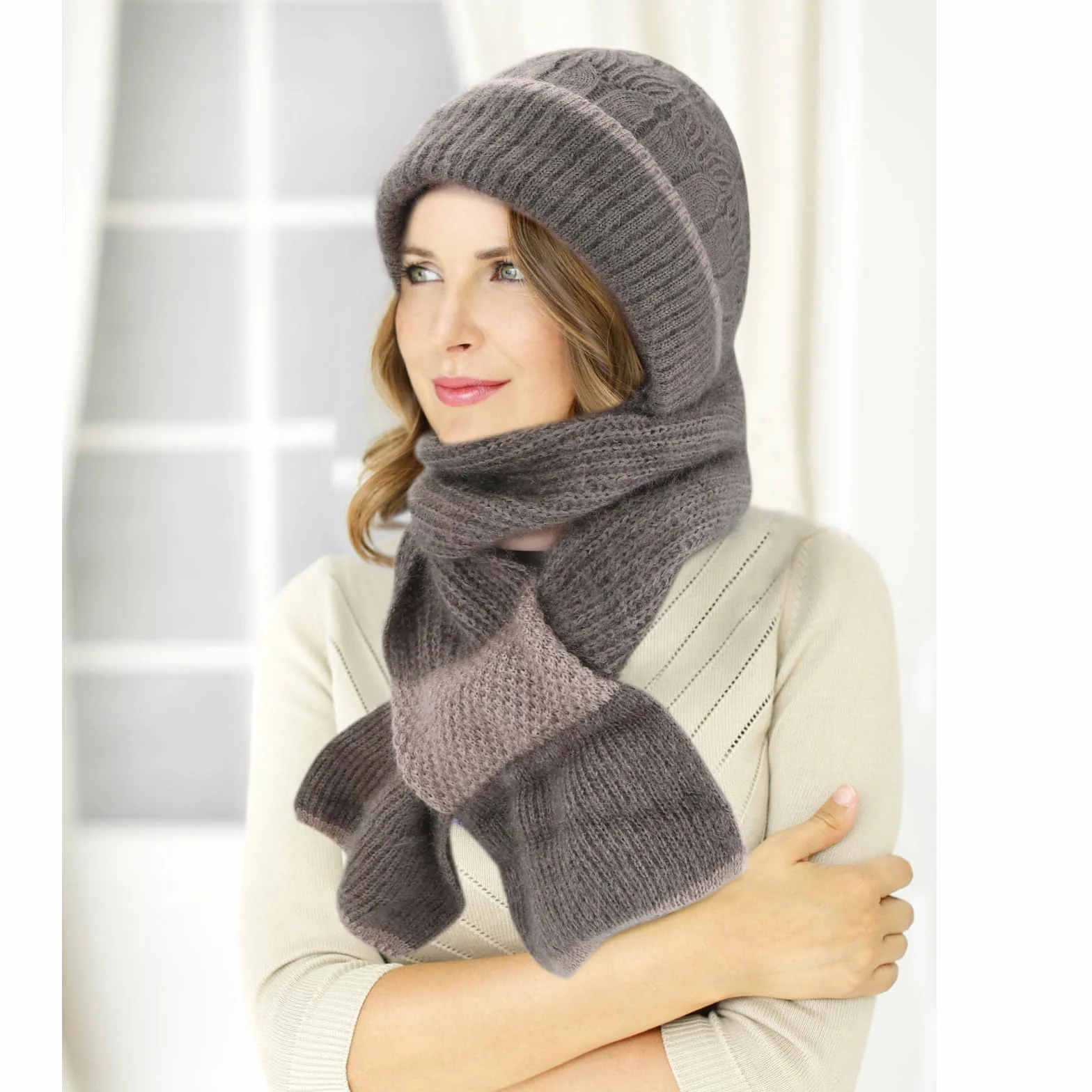 Zintegrowana ochrona uszu, wiatroszczelny szalik 2 w 1, zimowy dzianinowy ciepły szalik z kapturem, ciepła gruba czapka beanie, apaszka, zestaw dla kobiet, dziewcząt, z opaską na głowę, prezenty