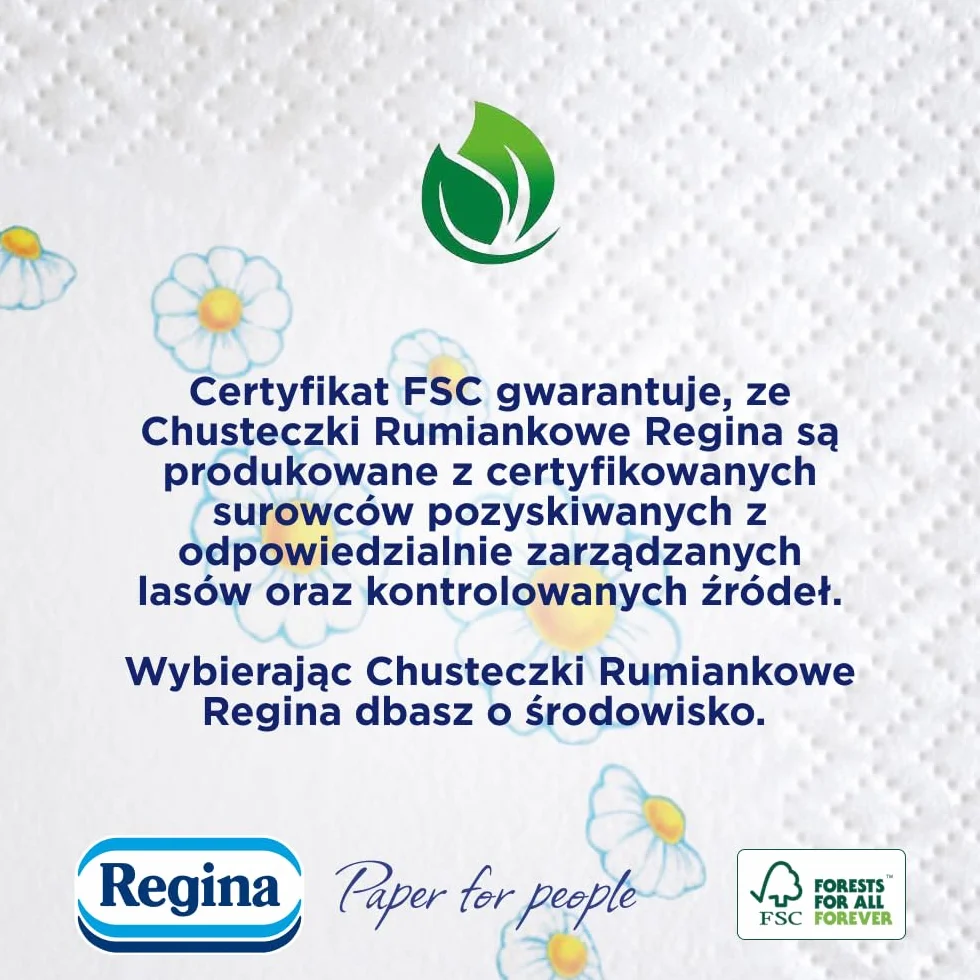 Regina Chusteczki Rumiankowe, 24 Opakowania po 10 Paczek, 4-Warstwowe, Miękkie i Delikatne, o Zapachu Rumianku, z Nadrukiem, Czysta Celuloza, Certyfikat FSC, Atest NIZP-PZH