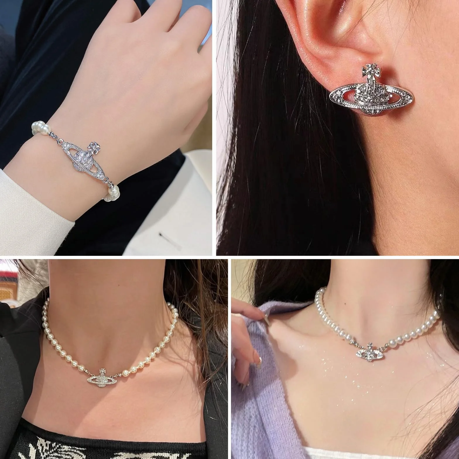 Saturn Choker Naszyjnik ze Sztucznej Perły i Kryształu - Planety, Stras w Kolorze Srebrnym dla Żony, Przyjaciółki, Matki, Córki, M