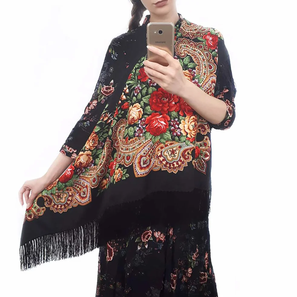 Gudessly Tradycyjny szal z frędzlami, damski, na głowę i szyję, w stylu retro, szalik kwiatowy, w formie poncho, z nadrukiem