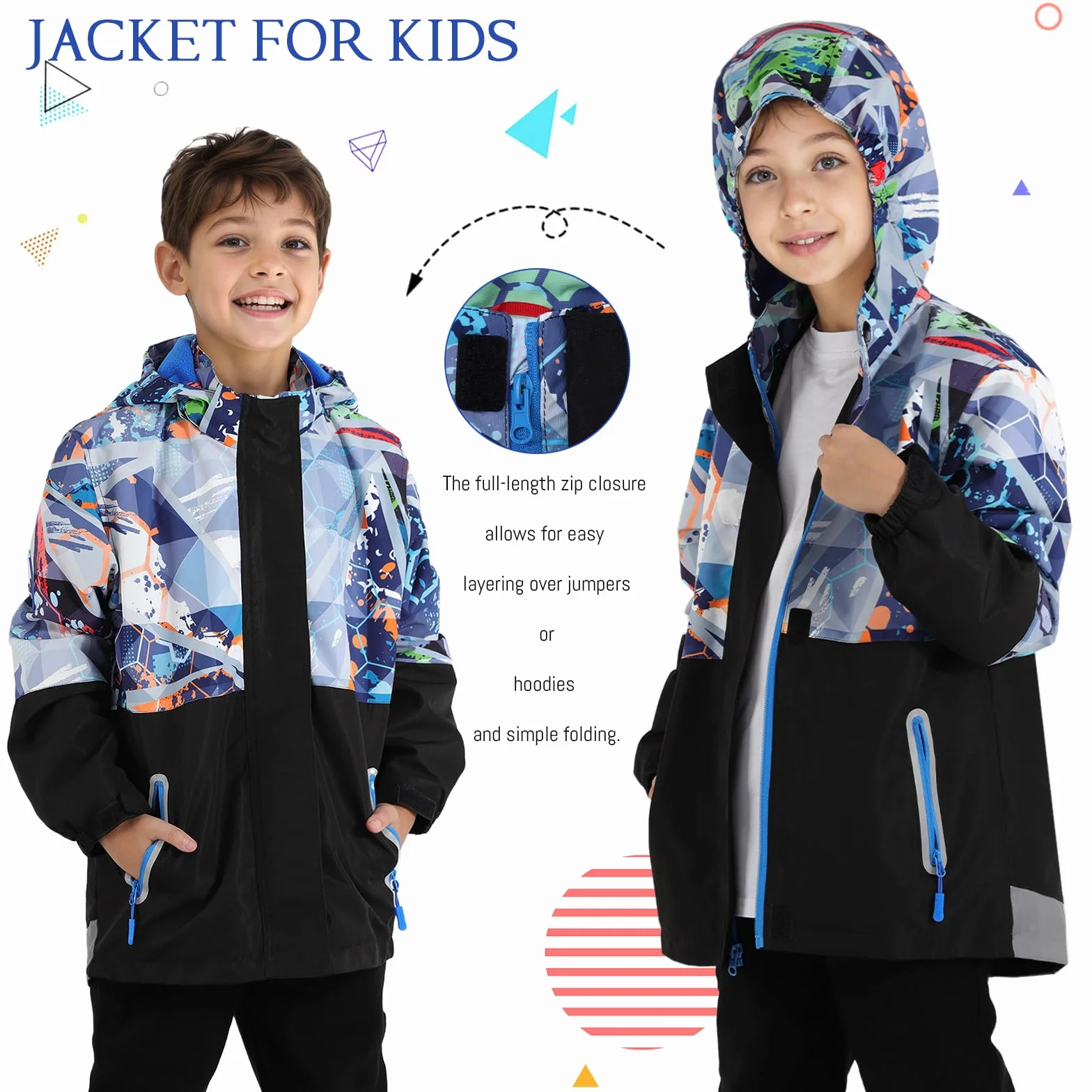 BWBIKE Colorblock Children's Waterblock Lightweight Windbreaker Jacket Outdoor Windbreaker Jacket Fleece Lined