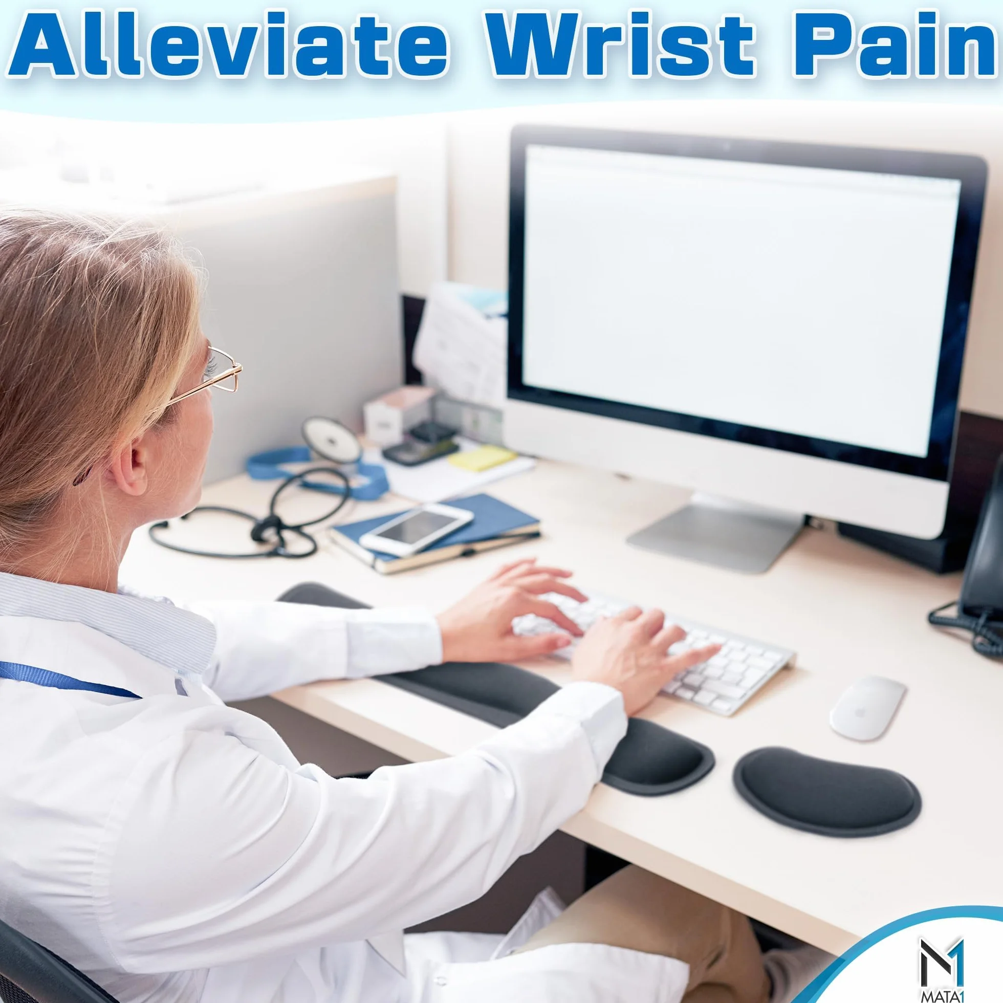 Keyboard Wrist Rest Pad w/Mouse Arm Support (Black), Comfortable Memory Foam Cushion Gel Rests for Typing & Elbow Pain Relief