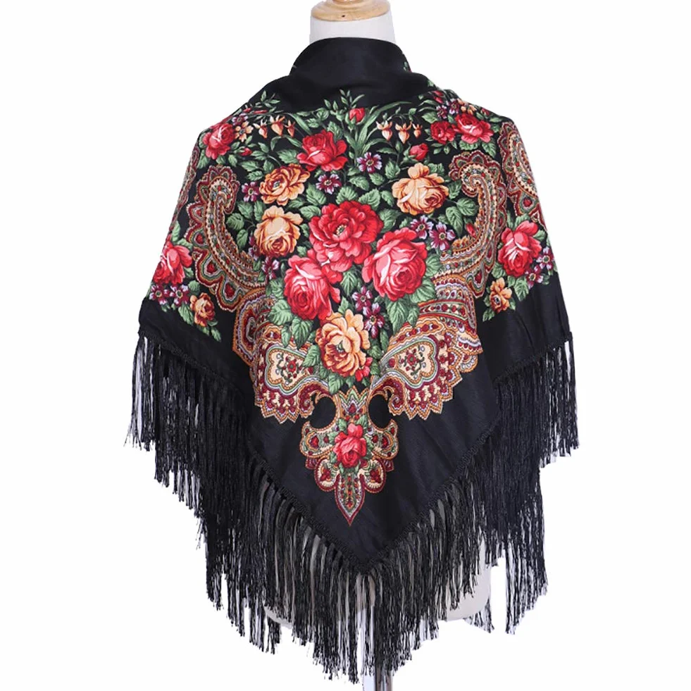 Gudessly Tradycyjny szal z frędzlami, damski, na głowę i szyję, w stylu retro, szalik kwiatowy, w formie poncho, z nadrukiem