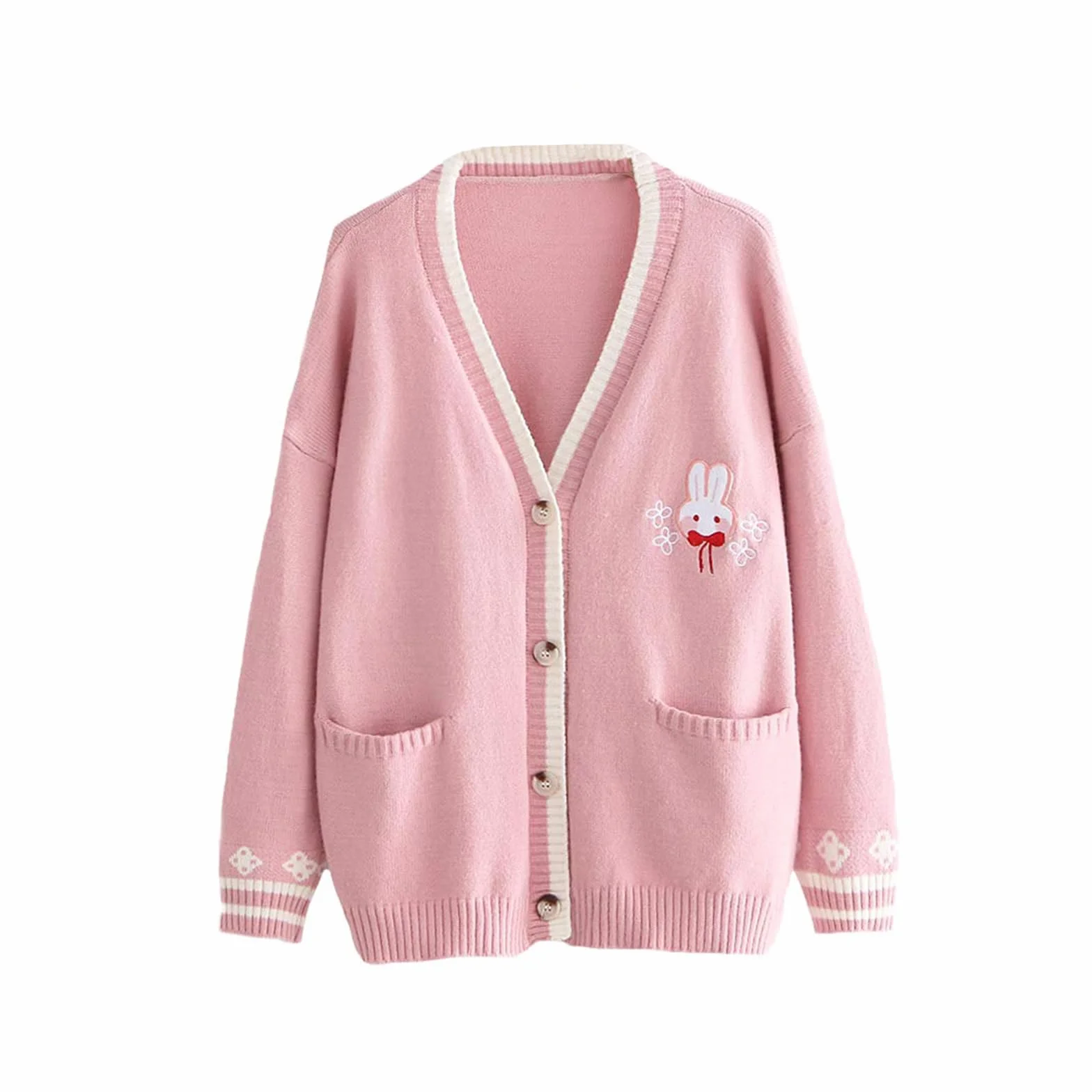 Himifashion Śliczny dzianinowy kardigan nastolatki kawaii króliczek haft długi rękaw sweter z kieszeniami dekolt w serek dzianina, Pink, Rozmiar uniwersalny