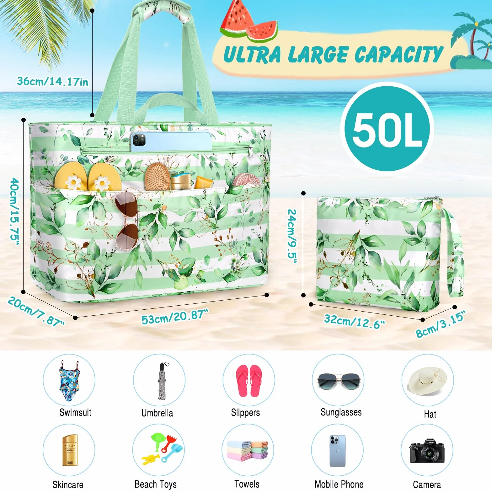 Torba plażowa Duża Torba Plażowa Kobiety XXL Rodzina Wodoodporna Torba Plażowa Składana Zamek Torba Plażowa Wiele Kieszeni Na Plażę, Podróż, Wakacje. 50 l