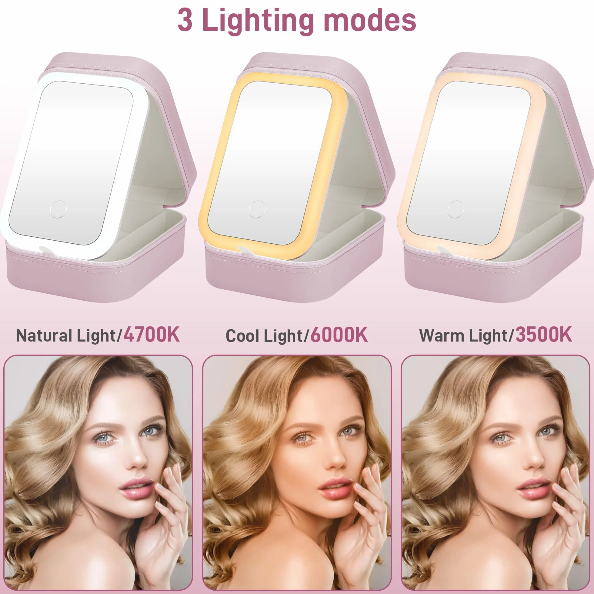 JIZZU Podróżna kosmetyczka z podświetlanym lustrkiem LED, 3 kolory LED, przenośny organizator biżuterii i makijażu, prezent dla kobiet, na wycieczkę lub podróż, różowa