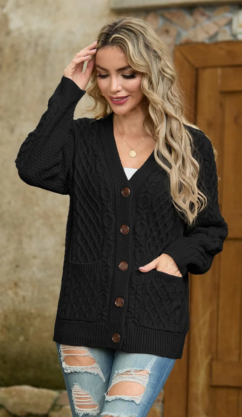 GRECERELLE Damskie kardigany z dzianiny Aran z długim rękawem zapinany na guziki oversize damski sweter kardigan dzianina z kieszeniami na zimę jesień wiosnę