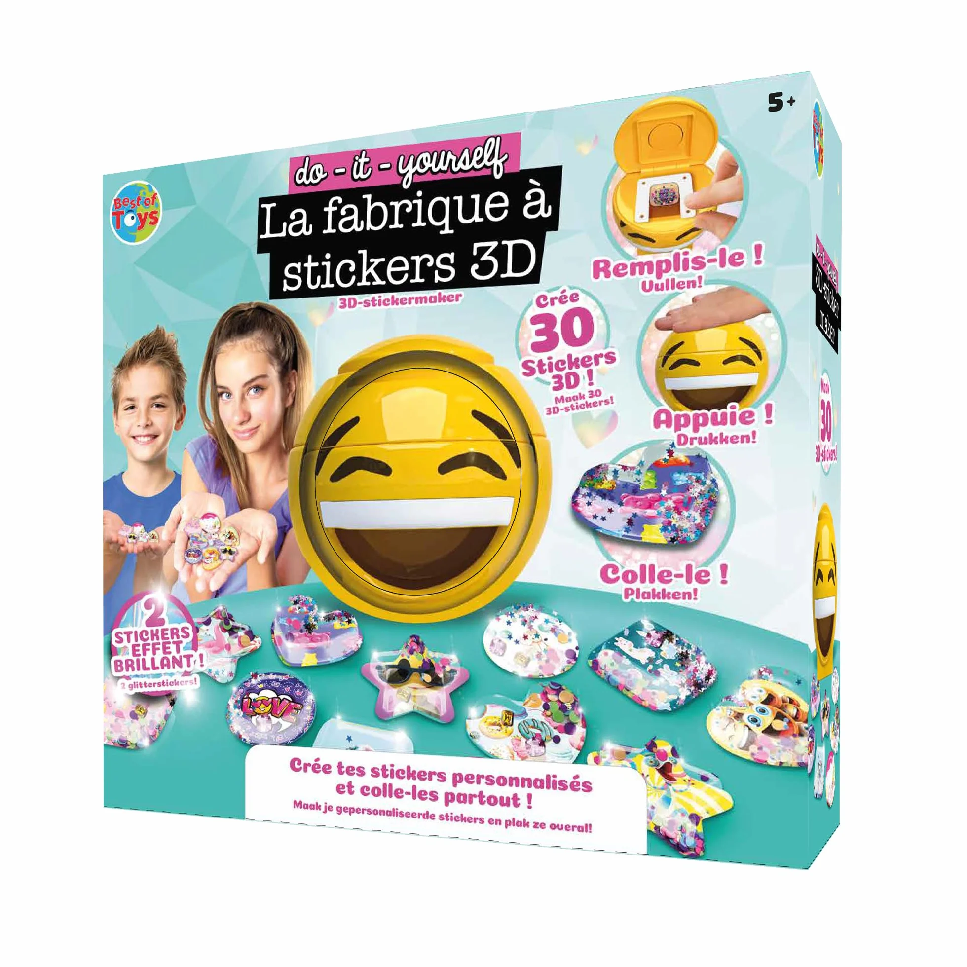 BEST OF TOYS - Fabryka naklejek 3D - Maszyna do tworzenia 100% spersonalizowanych naklejek 3D - Rzemiosło - Do ozdabiania zeszytów, pamiętników, kart - 30 naklejek - Od 5 lat