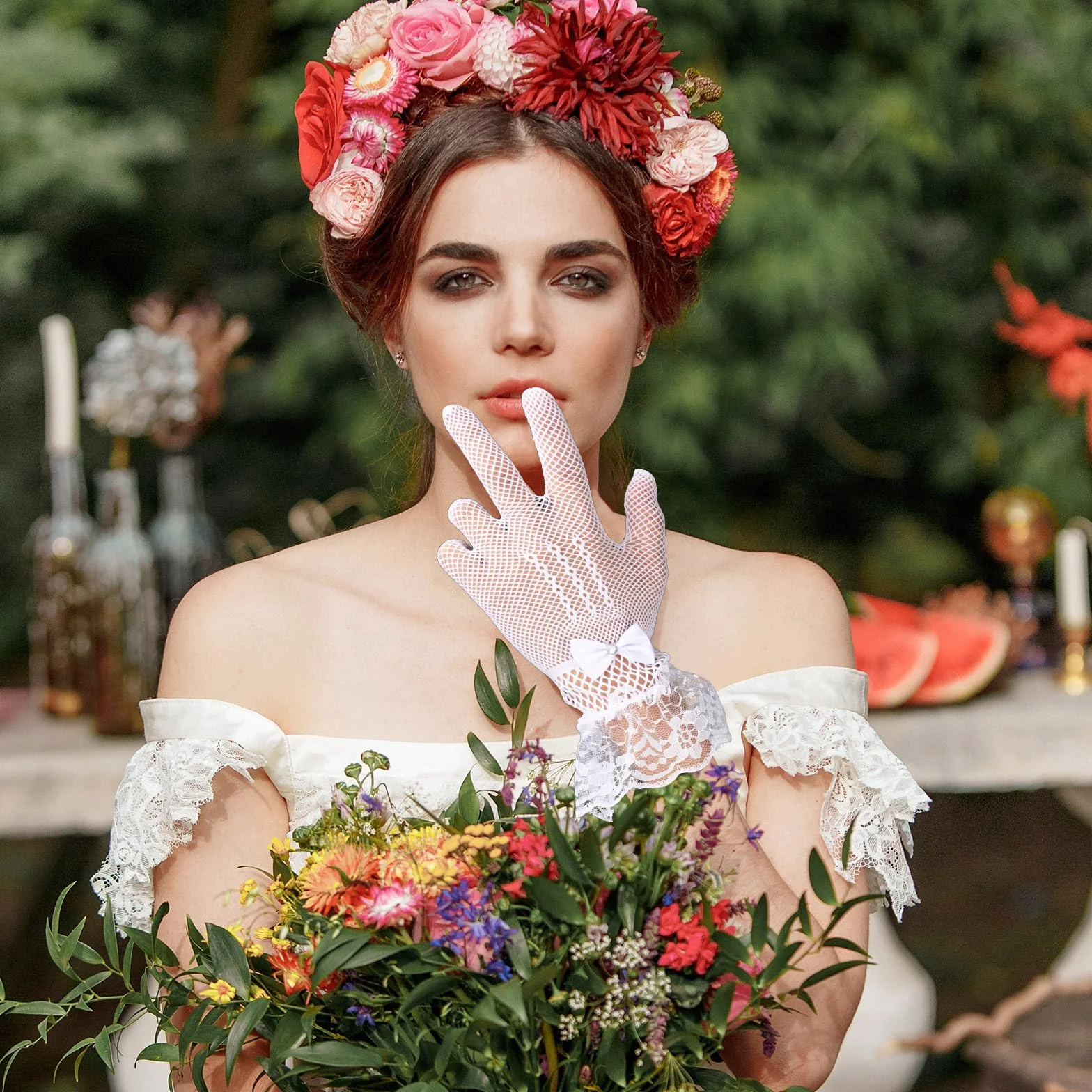 Giantree Damskie koronkowe rękawiczki, eleganckie krótkie koronkowe rękawiczki na wesele, kolację, przyjęcie, tea party, cosplay, operę, wieczorne przyjęcie, akcesoria kostiumowe, Biały/bogaty ogród