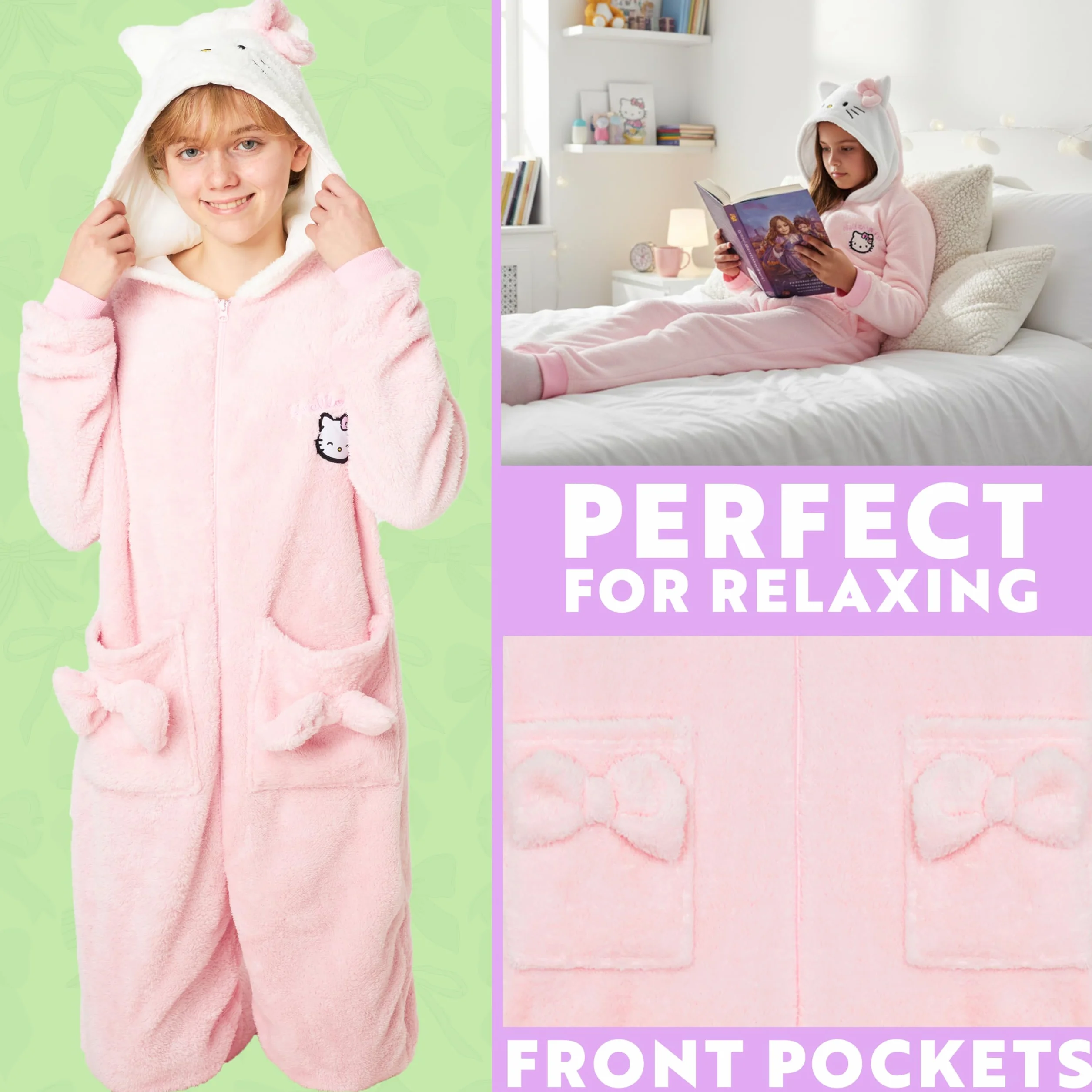 Hello Kitty Sanrio jednoczęściowa piżama dla dziewcząt, nastolatków, kawaii, odzież wypoczynkowa, zapinana na zamek, kombinezon piżamowy, prezenty dla dziewcząt
