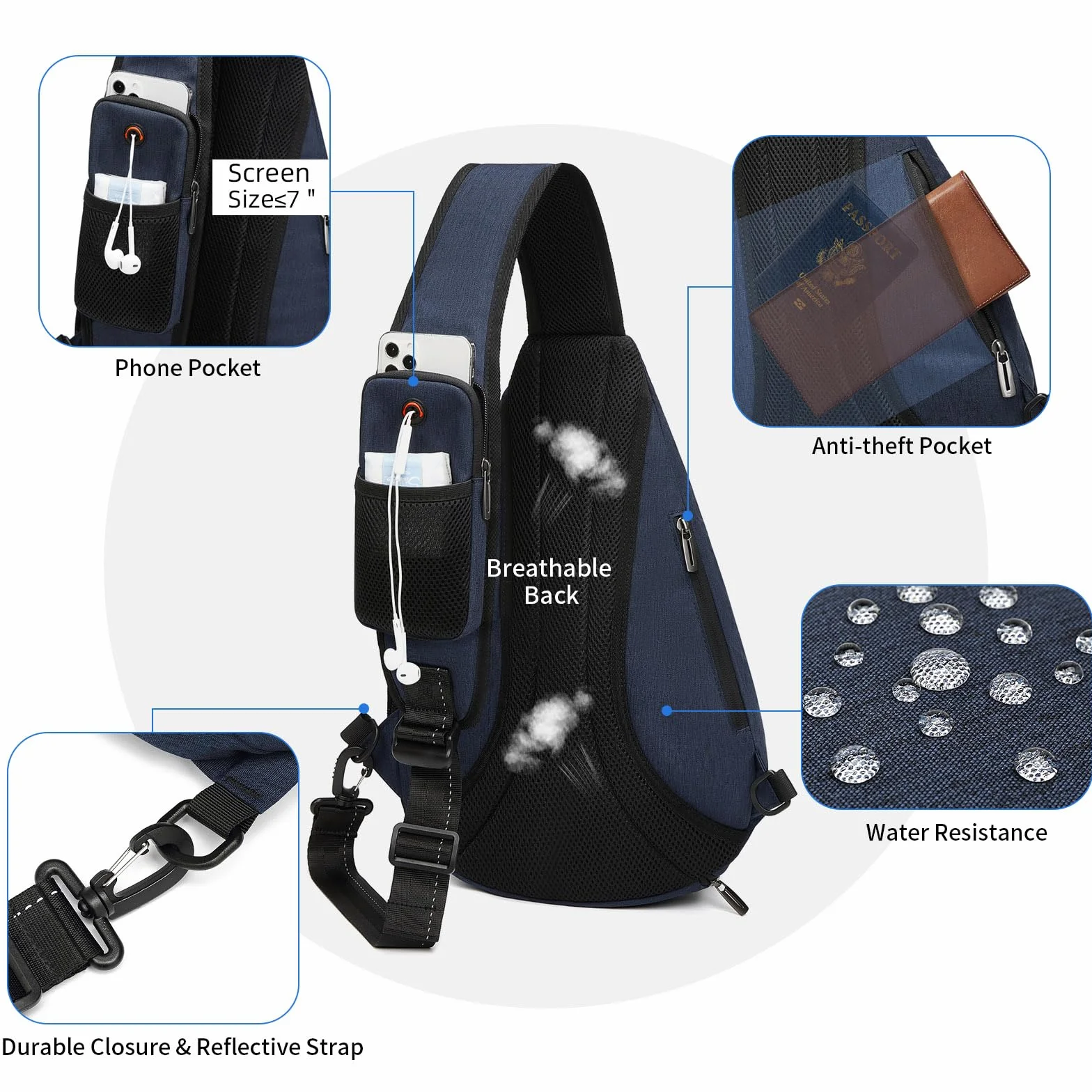 TUDEQU Torby na ramię dla mężczyzn, 8 kieszeni plecak na jedno ramię duży 19 l, crossbody, pojedynczy pasek, czarny, podróże, wędrówki, kobiety, 8-ciemnoniebieski, L, Plecak turystyczny