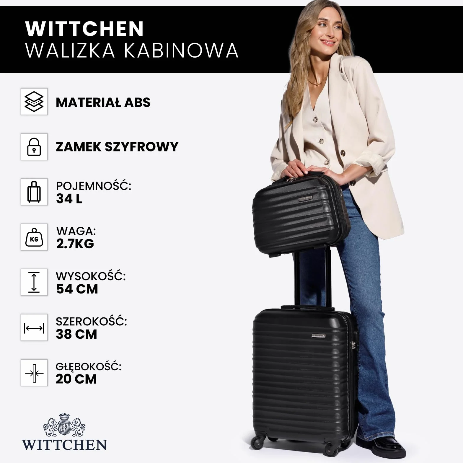 WITTCHEN GROOVE Line Mała walizka Walizka kabinowa Bagaż podręczny Bagaż kabinowy Twardy bagaż ABS Zamek szyfrowy Teleskopowa rączka 4 obrotowe kółka Rozmiar S Czarny