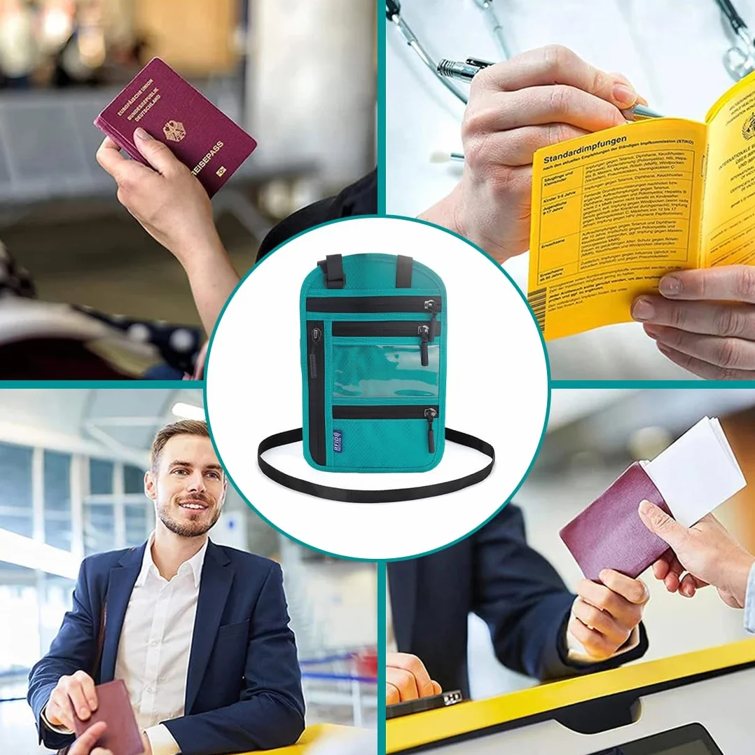 Torba na klatkę piersiową z ochroną RFID, uchwyt na paszport z regulowanym paskiem na ramię, wodoodporna kieszeń na klatkę piersiową, torba podróżna dla mężczyzn i kobiet, portfel na karty i gotówkę