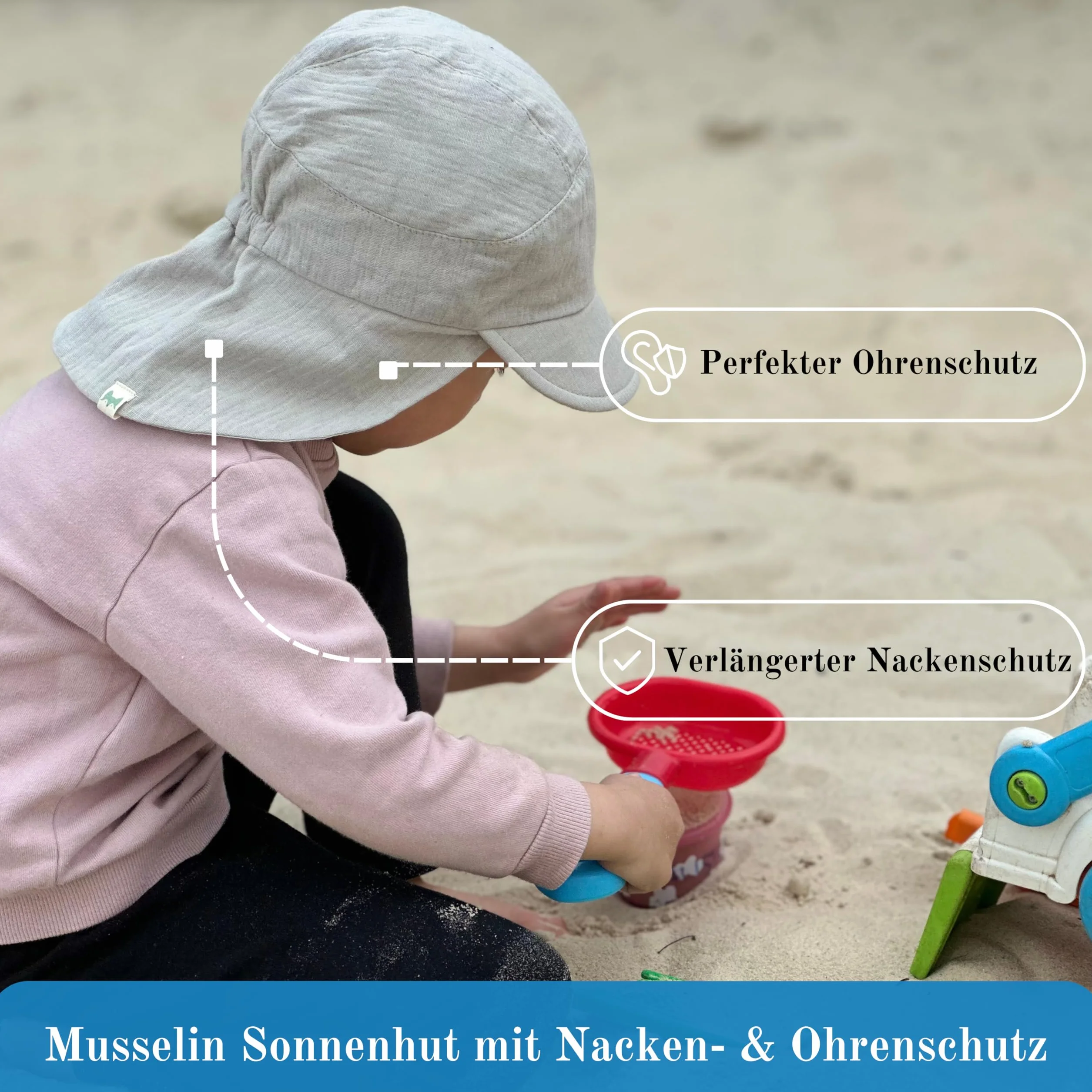Muślinowa czapka z daszkiem, kapelusz przeciwsłoneczny z ochroną karku i uszu, ochrona przed promieniowaniem UV (UPF 50+) dla niemowląt i dzieci, uniseks