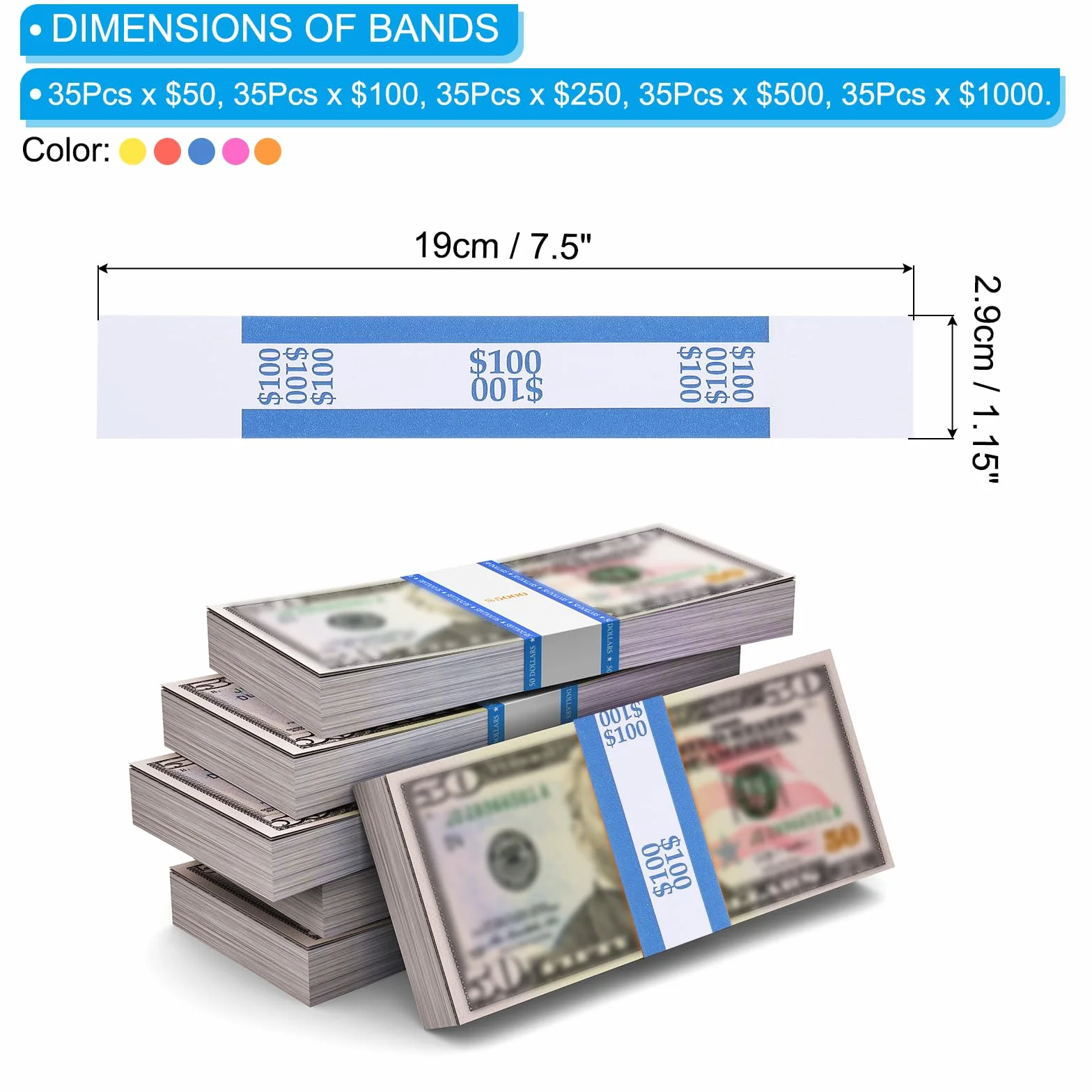 PATIKIL Zestawy pasków walutowych, 175 opakowań pomarańczowych/niebieskich/zielonych/czerwonych/żółtych dolarów 50/dollar100/dollar250/dollar500/dollar1000 samouszczelniające się paski na gotówkę