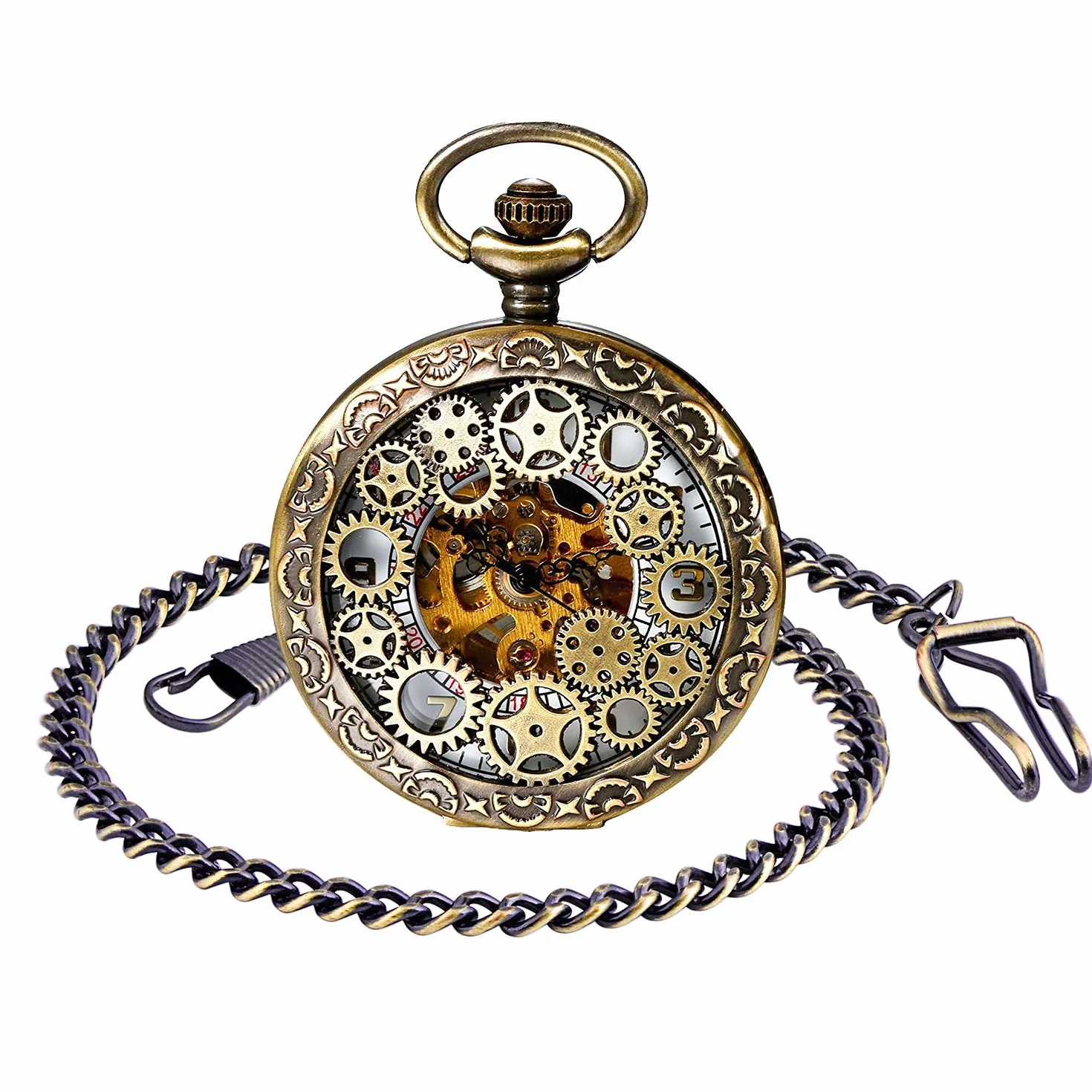 Unendlich U Męski zegarek kieszonkowy z cyframi rzymskimi z łańcuszkiem, analogowy, ręcznie nawijany, uniseks, retro, steampunk, brązowy, retro, Brązowy, vintage lub steampunk
