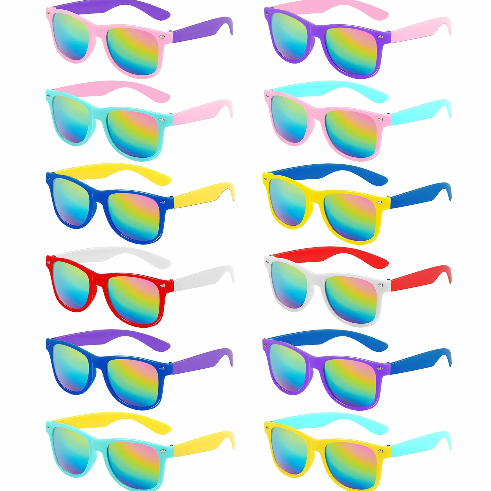 Joycabin 12 sztuk dziecięcych okularów przeciwsłonecznych dla chłopców i dziewczynek, okulary imprezowe z ochroną UV400, neonowy kolor, zabawne okulary przeciwsłoneczne na lato, plażę, akcesoria