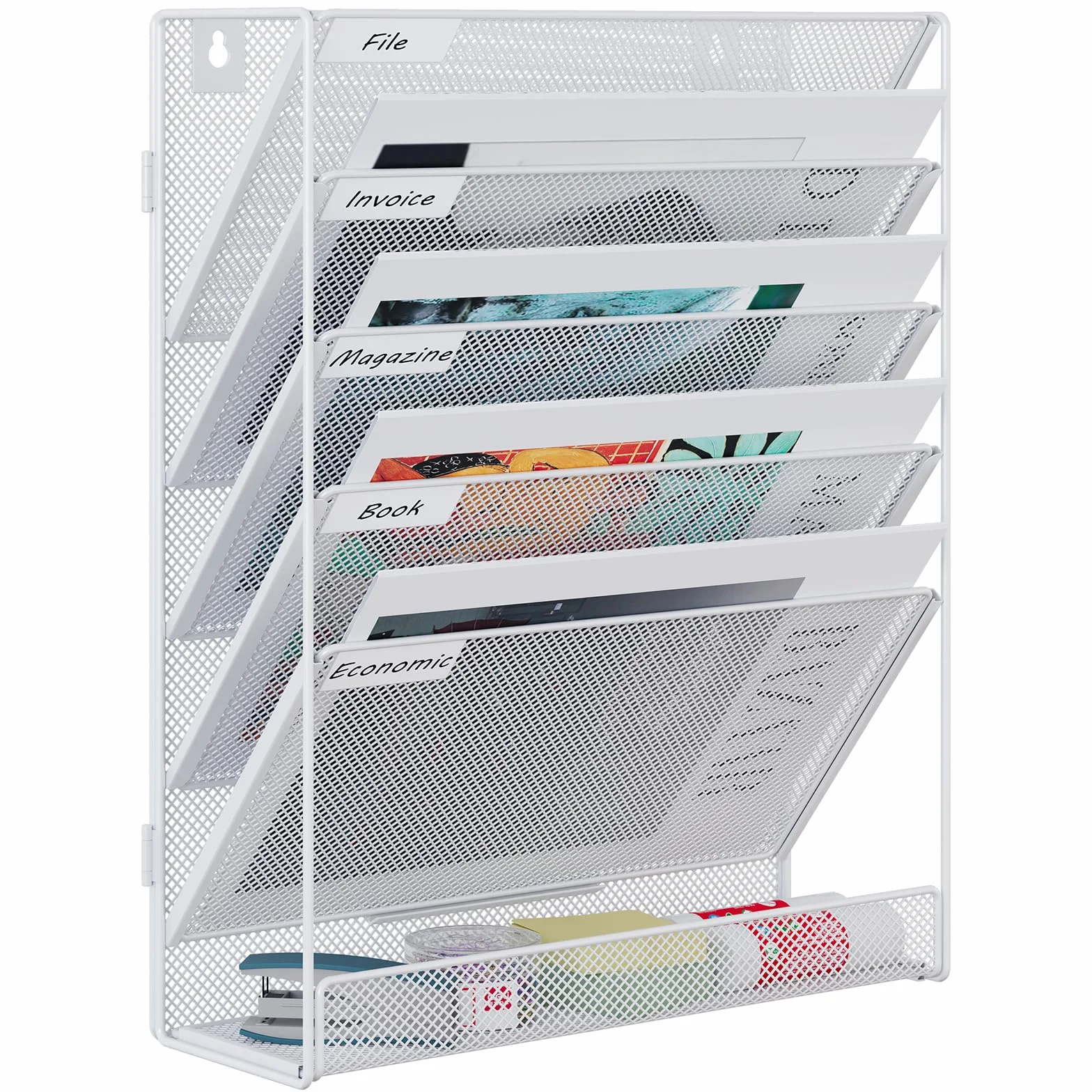 EasyPAG Uchwyt Ścienny na Dokumenty A4 6 Przedziały Metal Siatka,Ścienny Stojak na Pocztę,Wiszący Organizer na Dokumenty,Przechowywanie Czasopism do Biura & Domu,Biały