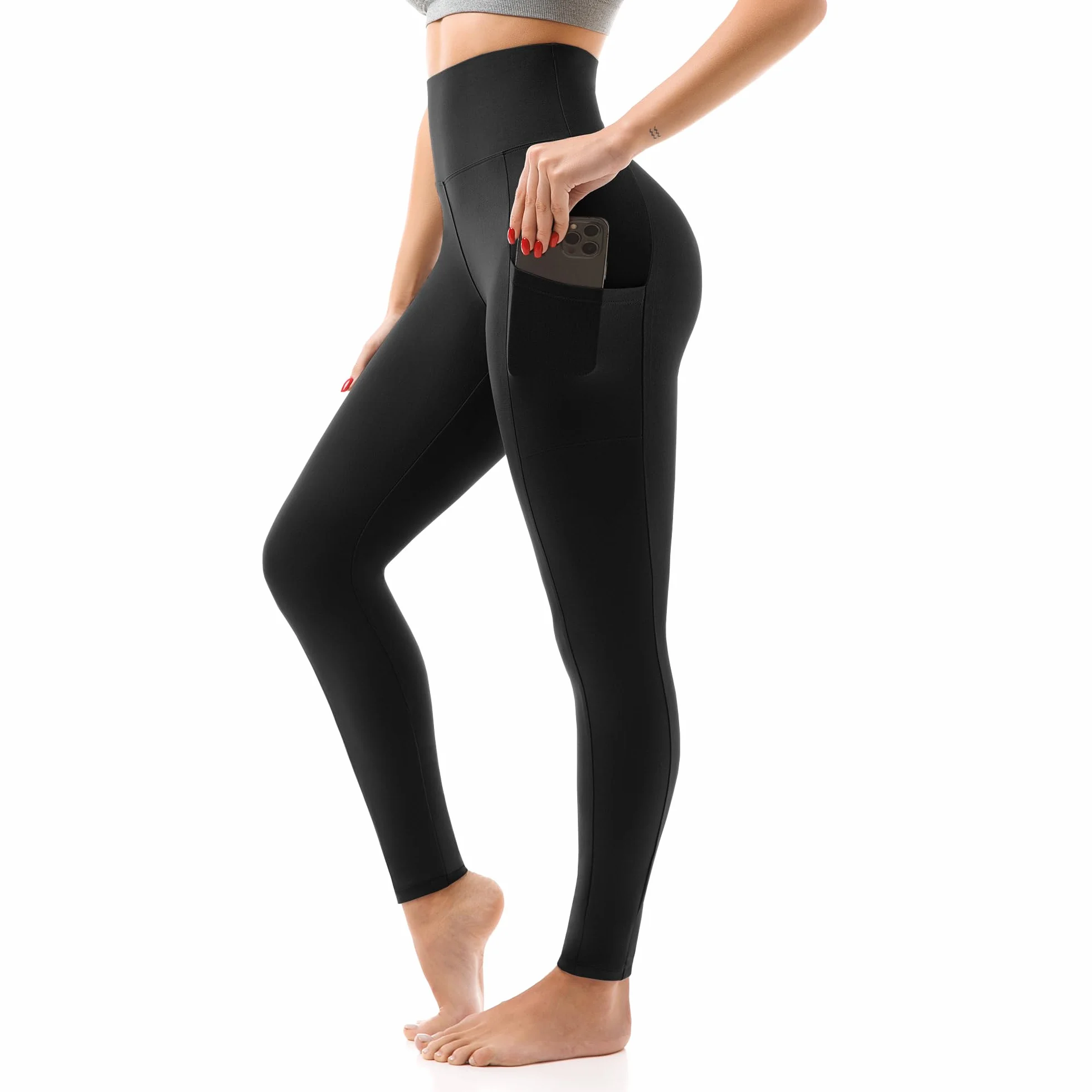 SINOPHANT Legginsy z wysokim stanem, z kieszeniami, dla kobiet, miękkie, elastyczne, nieprzezroczyste, modelujące brzuch, rozciągliwe, spodnie do jogi, L-XL