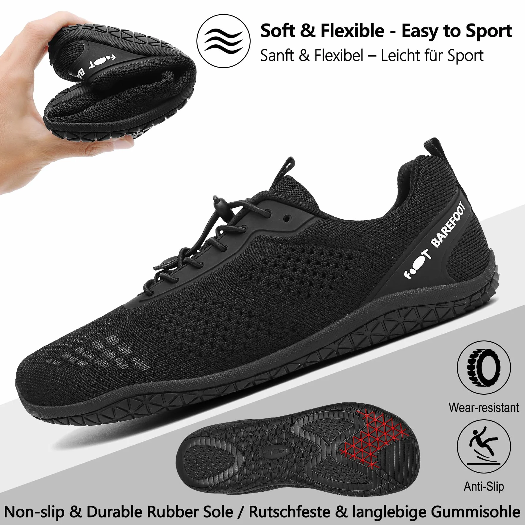 Geweo Buty Barefoot Męskie i Damskie Lekkie Wygodne Buty Sportowe Treningow z Szeroką Skrzynią na Palce Oddychające Buty do Biegania, do CrossFit i Fitness, Świeżym Powietrzu Sport Unisex Czarny 43EU