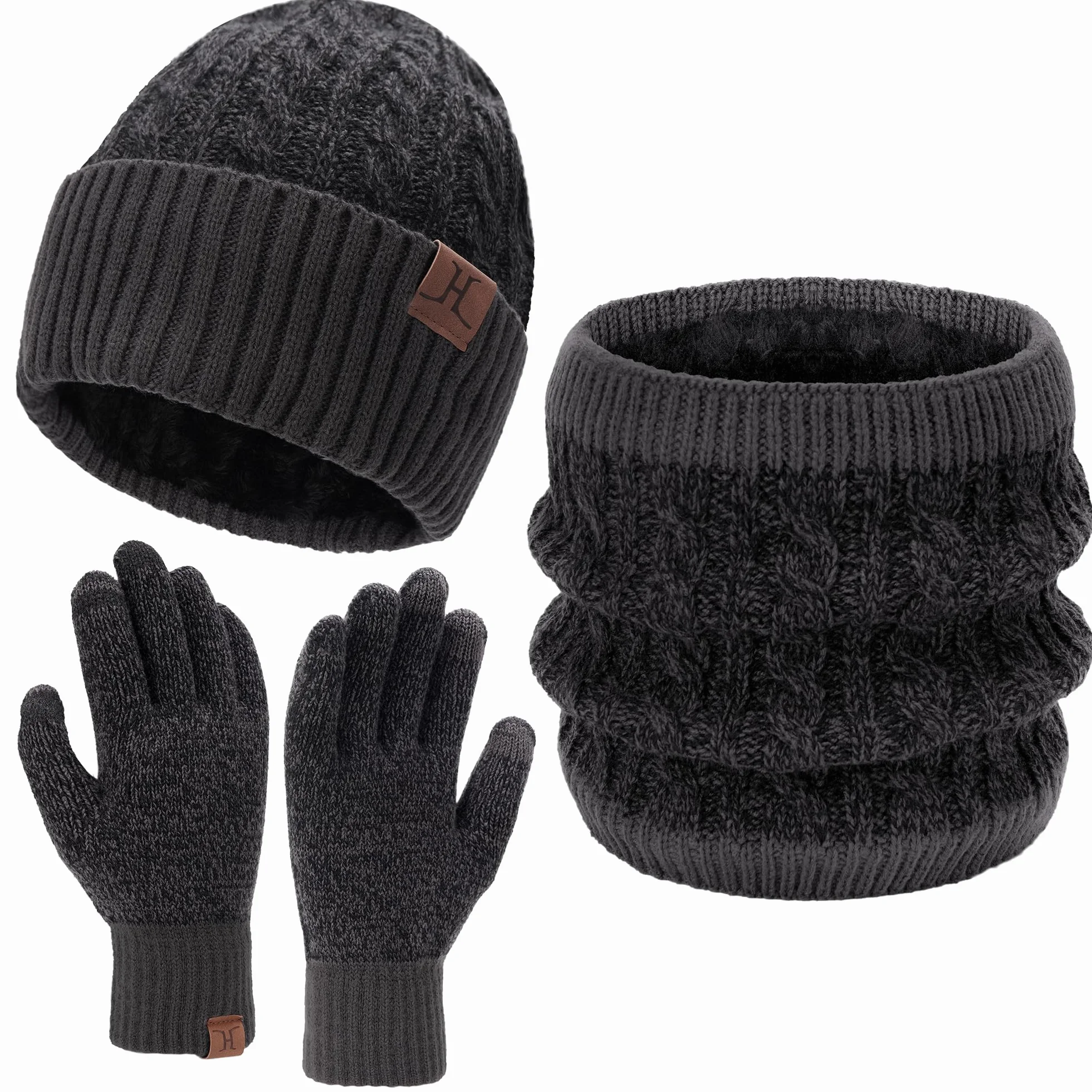 Bequemer Laden Męskie damskie zimowe czapki typu beanie rękawiczki do ekranu dotykowego szalik na szyję zestaw ocieplacz dzianinowa czapka z czaszką z podszewką polarową prezenty dla mężczyzn kobiet,