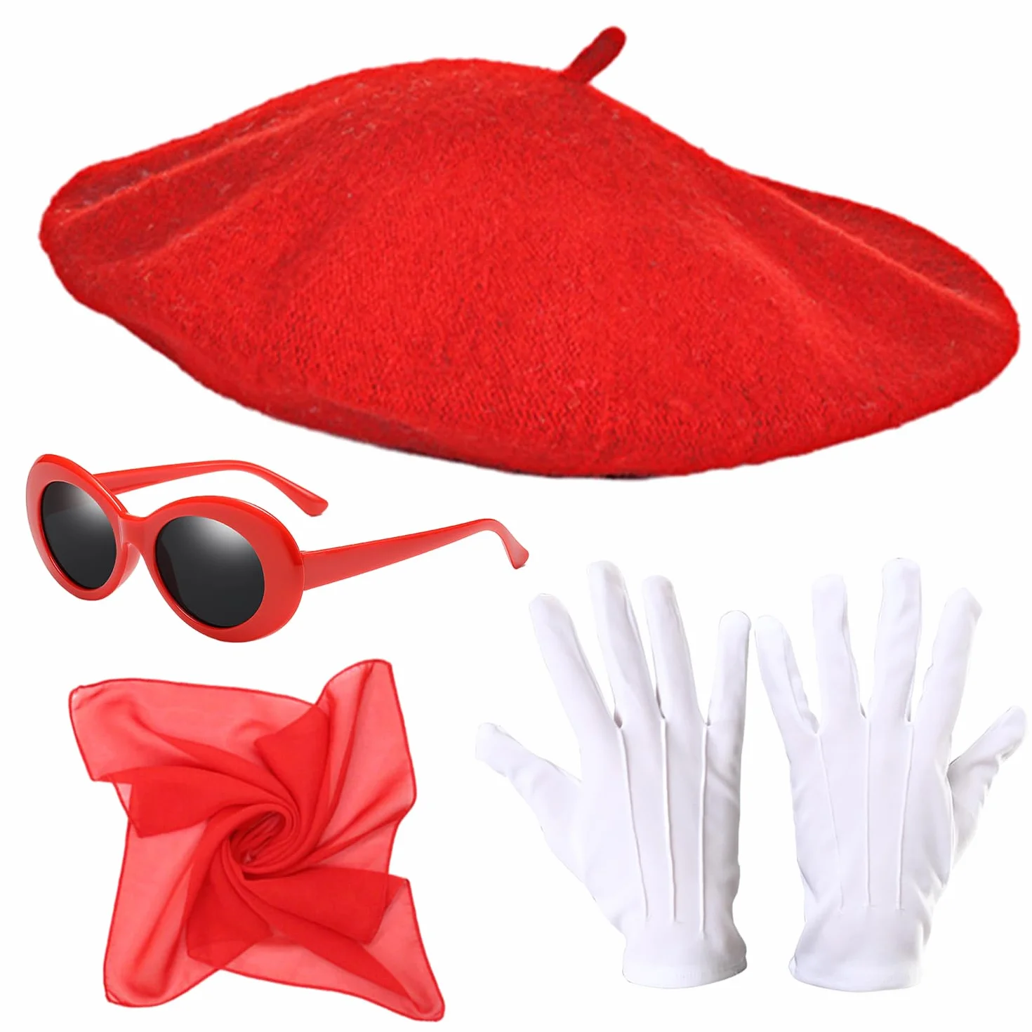 1 x zestaw kostiumów, beret, jedwabny szalik, okulary, rękawiczki, kostium na studniówkę, akcesoria do stroju retro, cosplay, na imprezę, akcesoria do przebrania urodzinowego, Czerwona