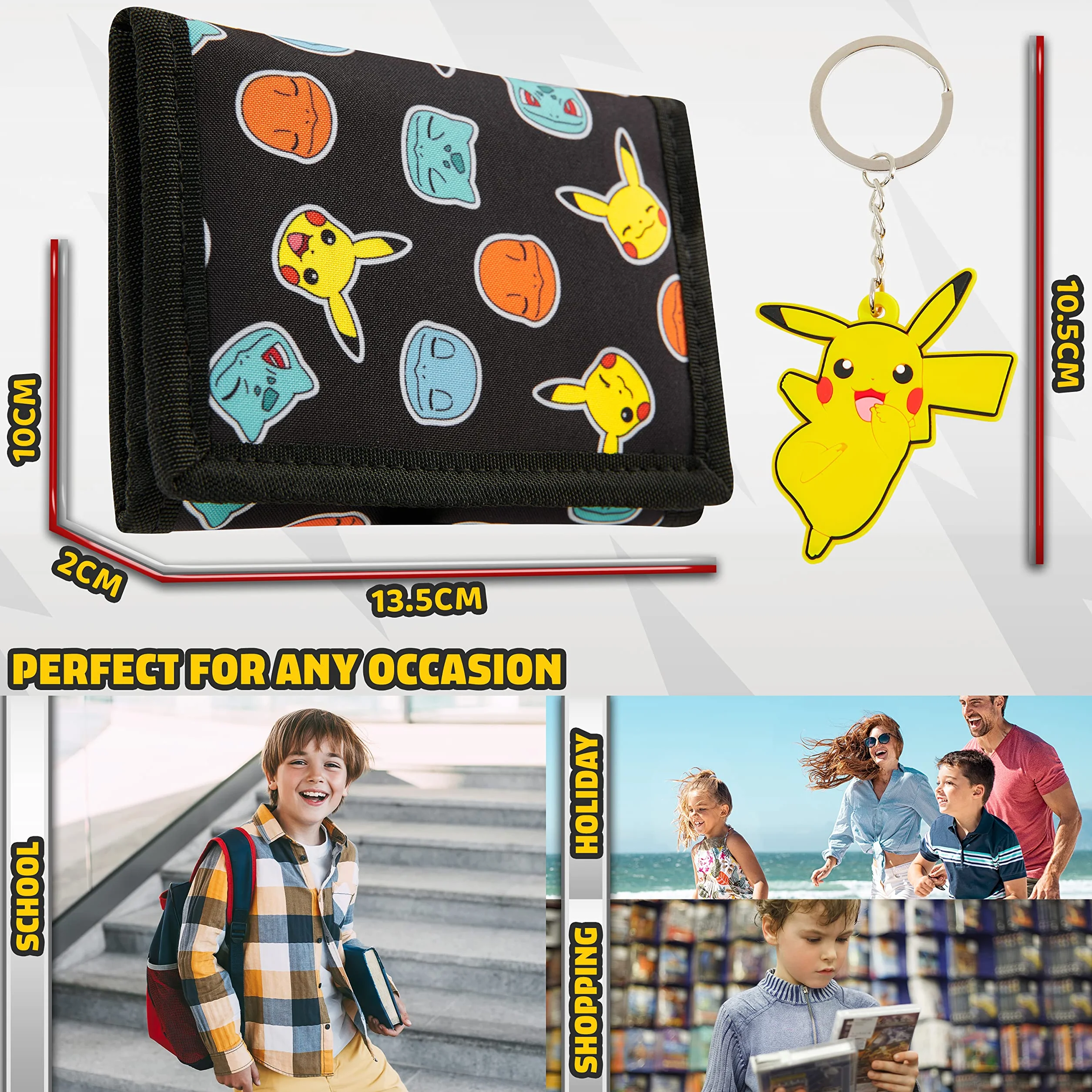 Pokemon Portfel dla dzieci, nastolatków, anime, potrójnie składany, płócienny portfel z kieszonką na dowód osobisty, portmonetką i brelokiem, Pikachu, zestaw upominkowy do podróży, aktywności na