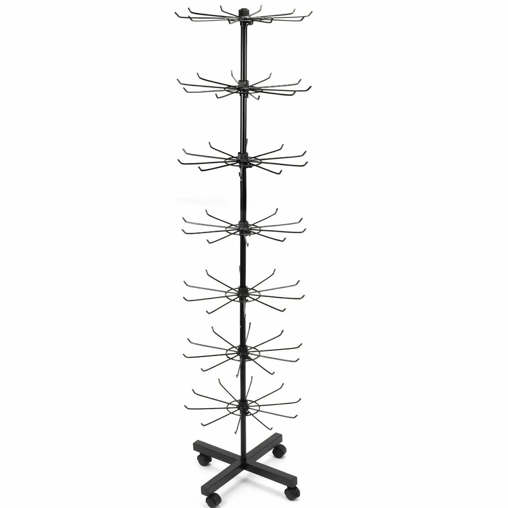 QWORK® 7-poziomowy metalowy obrotowy stojak ekspozycyjny na kapelusze, biżuterię, skarpety i jedwabne szale, z kółkami