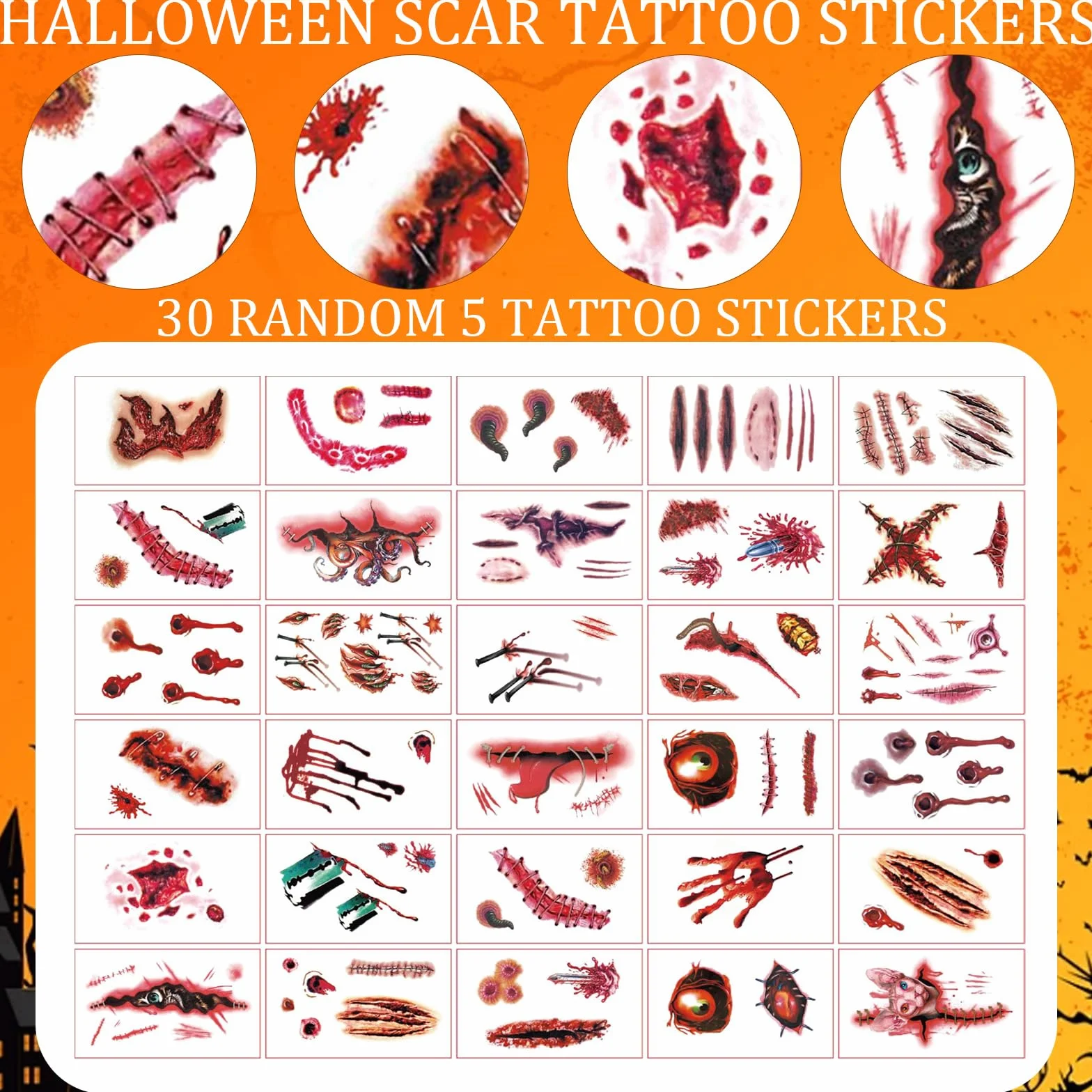 GWAWG 13-częściowy zestaw zębów wampira, na Halloween, karnawał, imprezę, kostium horroru na maskaradę, rekwizyty cosplay, 5 arkuszy tatuaży na Halloween, 4 pary kłów, 2 tubki kleju do zębów w