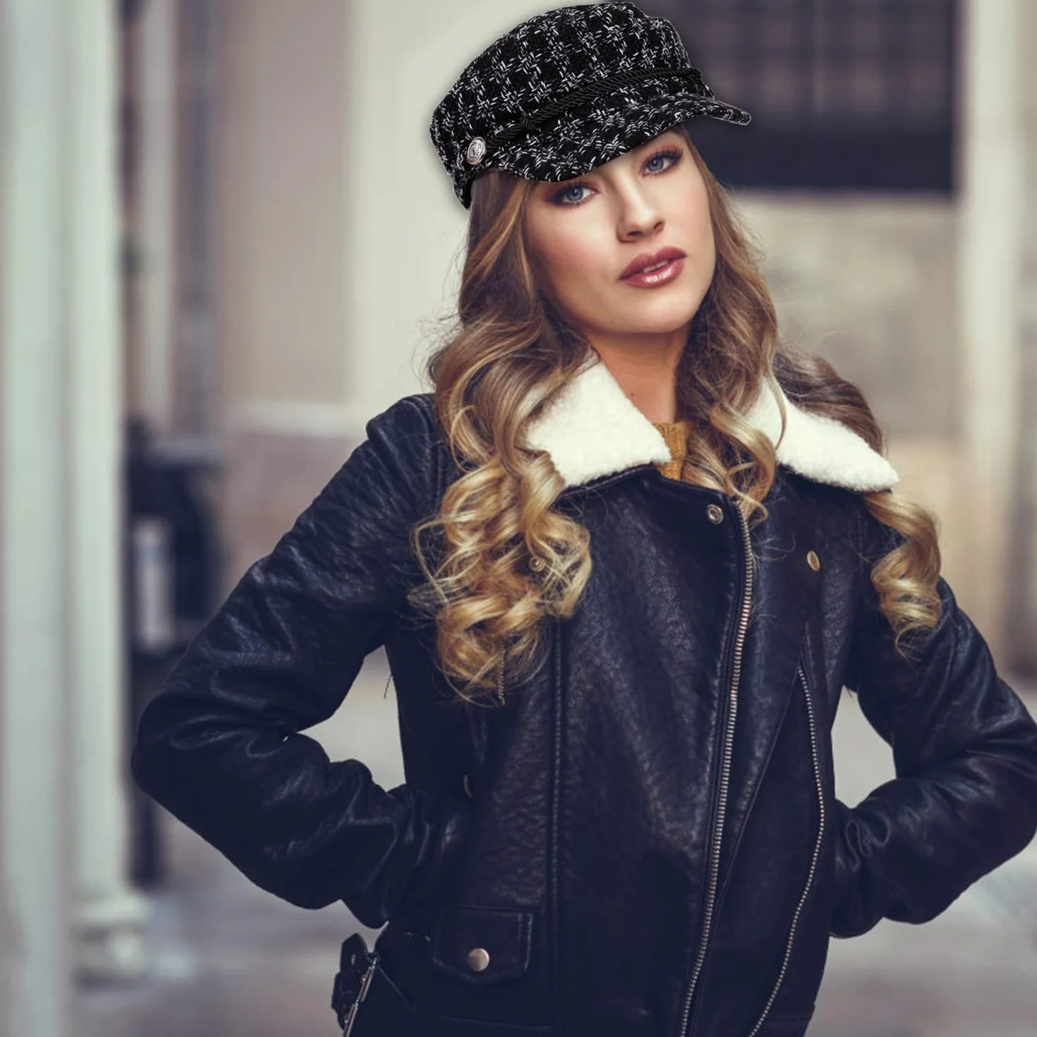 Damska czapka z daszkiem, wzór w pepitkę, beret, damska, swobodna, modna czapka w stylu vintage, elegancka czapka zimowa dla kobiet (M, 56-58 cm), czarna, 1 sztuka, czarny, 56-58