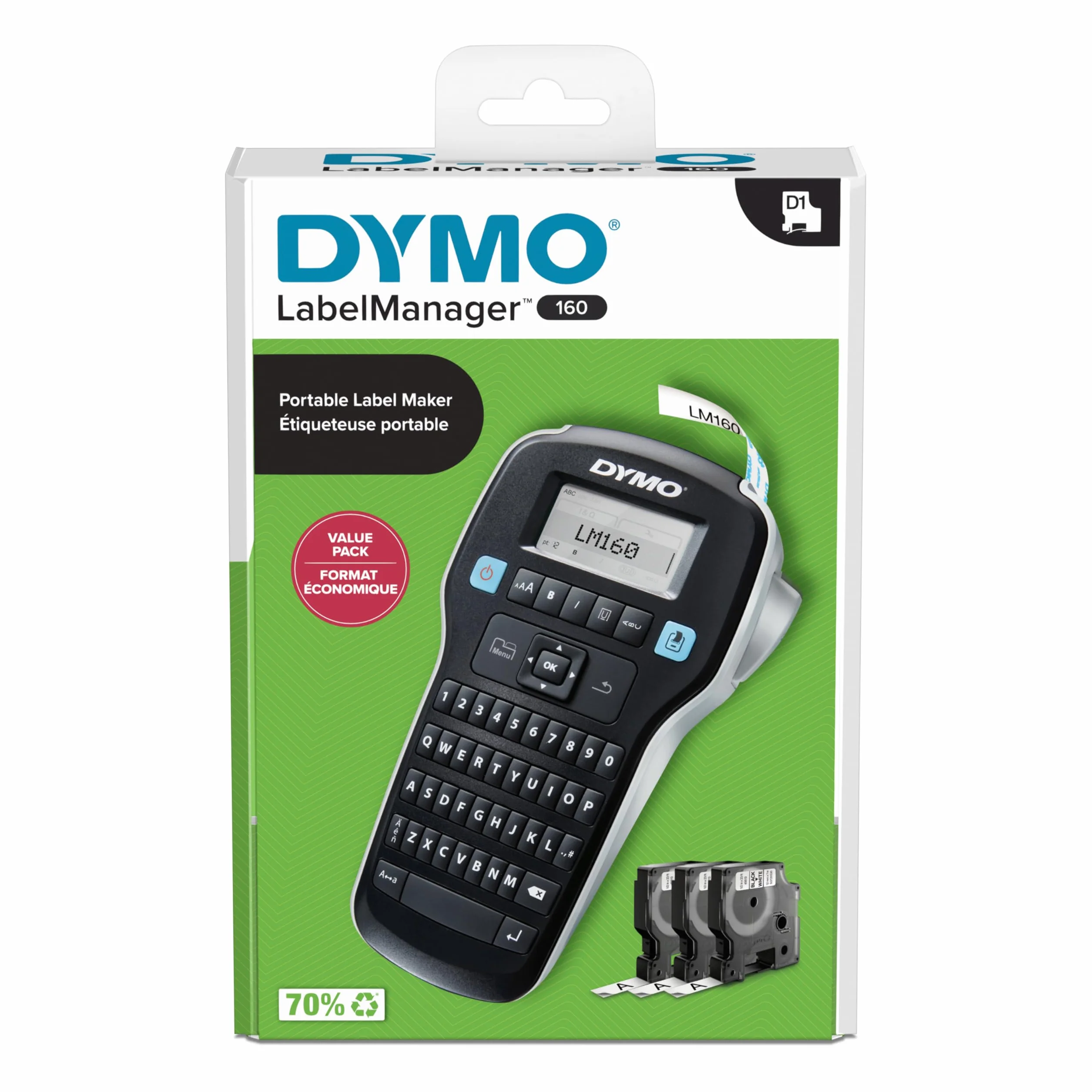 DYMO LabelManager 160 Zestaw startowy do drukarki etykiet | Ręczna drukarka etykiet | z 3 rolkami taśmy Dymo D1 Label Tape | Klawiatura QWERTY | Idealne rozwiązanie do biura lub domu
