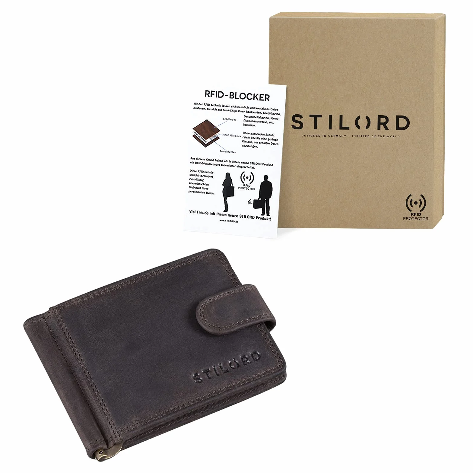STILORD "Lino" Skórzany Portfel RFID z Klipsem na Pieniądze i ochrona NFC męski portfel z zatrzaskiem z zabezpieczeniem odczytu w pudełku upominkowym Kolor:ciemny brąz