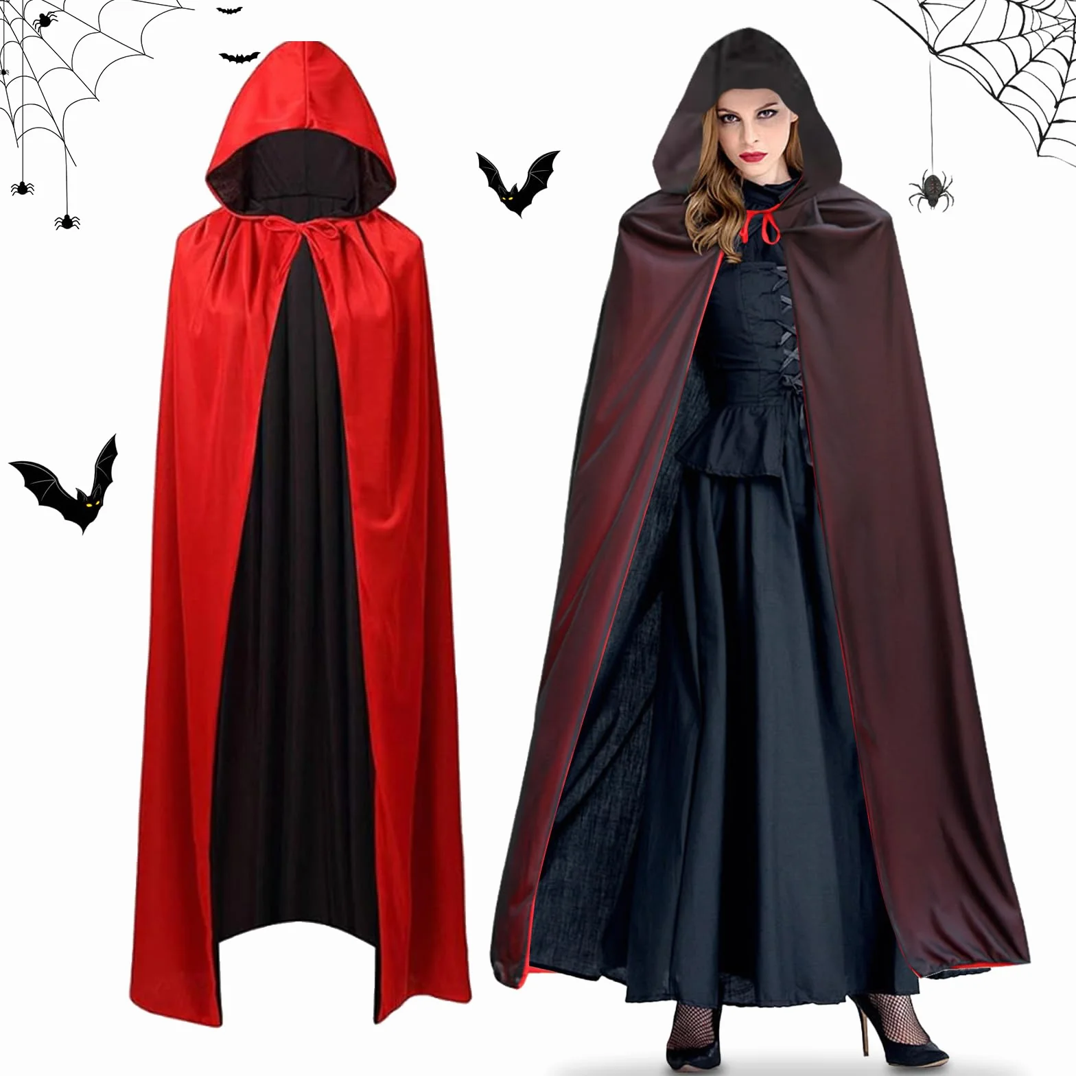 Halloween peleryna z kapturem wampira, peleryna z kapturem, czarno-czerwona, dwustronna, Halloween, chudy mężczyzna, kostium na Halloween dla dorosłych