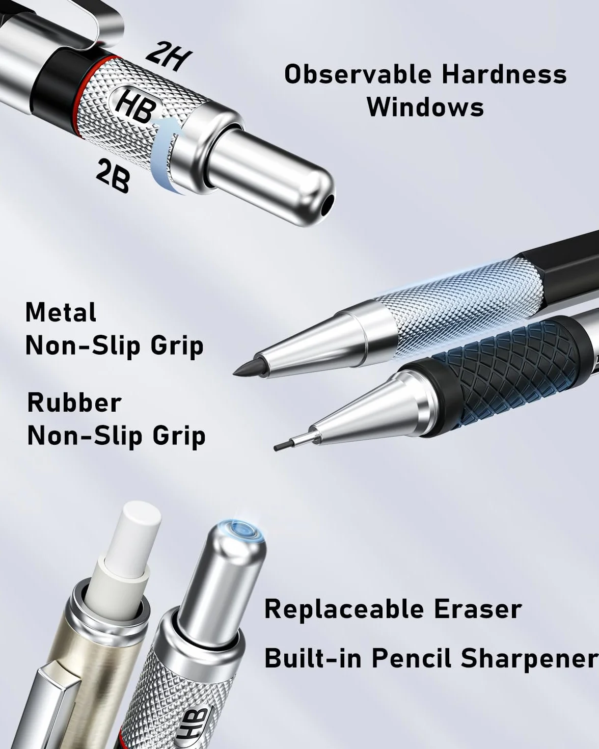 Ensemble de 25 porte-mines artistiques avec étui, porte-mines en métal 0,5, 0,7, 0,9 mm, broche d'embrayage de 2 mm (couleur HB 2H 2B 4B) avec 432 recharges de mine en graphite pour le dessin