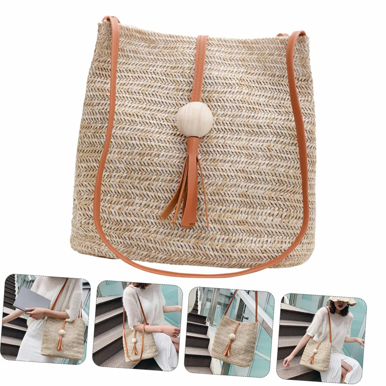 Holibanna 1kawałek Torba Wodoodporna Wykonana z Trawy Włóknistej Lato Dla Kobiet Stylowy Koszyk Kolorze Brązowym Przenośny Model Bucket Bag Do Codziennych Stylizacji