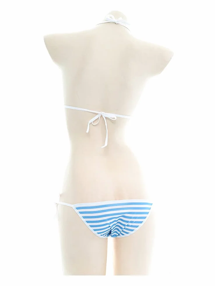 SINROYEE Seksowny zestaw bielizny dla kobiet japońskie bikini anime strój kąpielowy w paski z podkolanówki w paski
