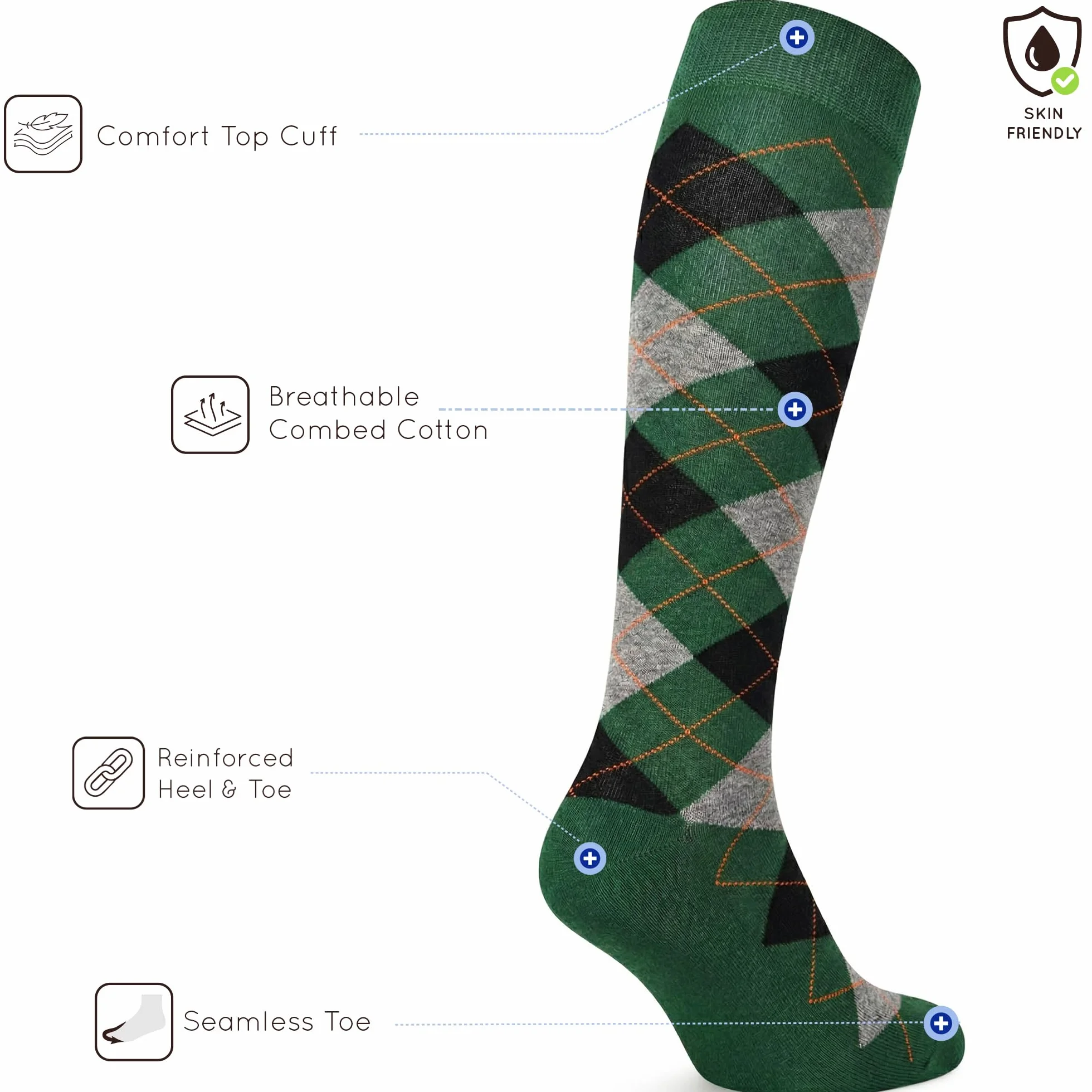 Mysocks podkolanówki dla kobiet i mężczyzn - oddychająca, czesana bawełna, bezszwowe palce, argyle, unisex, długie skarpetki - codzienne skarpetki golfowe do kolan