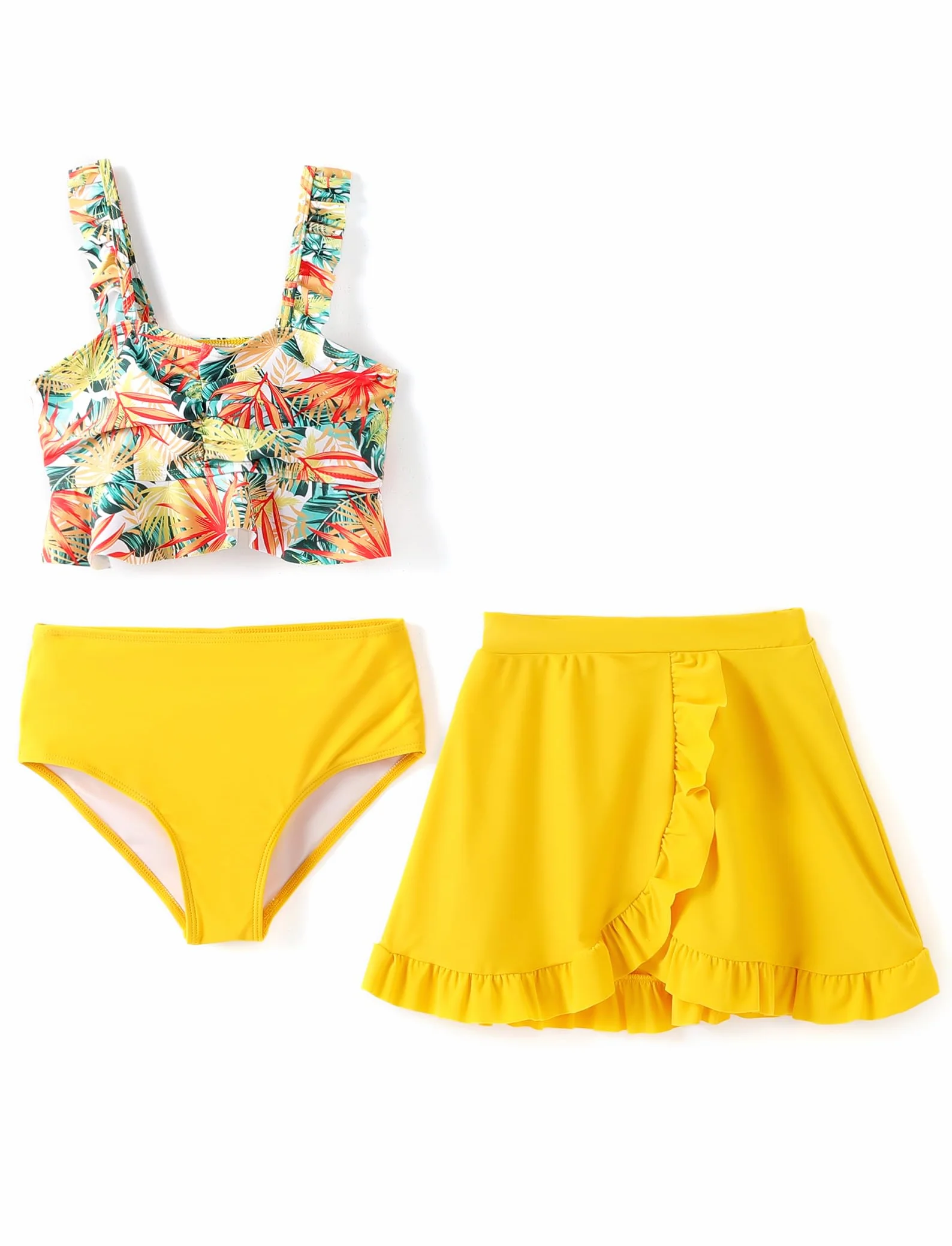 PATPAT Zestaw kostiumów kąpielowych bikini dla dziewczynek, 3-częściowy zestaw tankini z górą, spodenkami i spódnicą do pływania, stroje kąpielowe dla dzieci, stroje kąpielowe kwiatowy wzór 5-12 lat