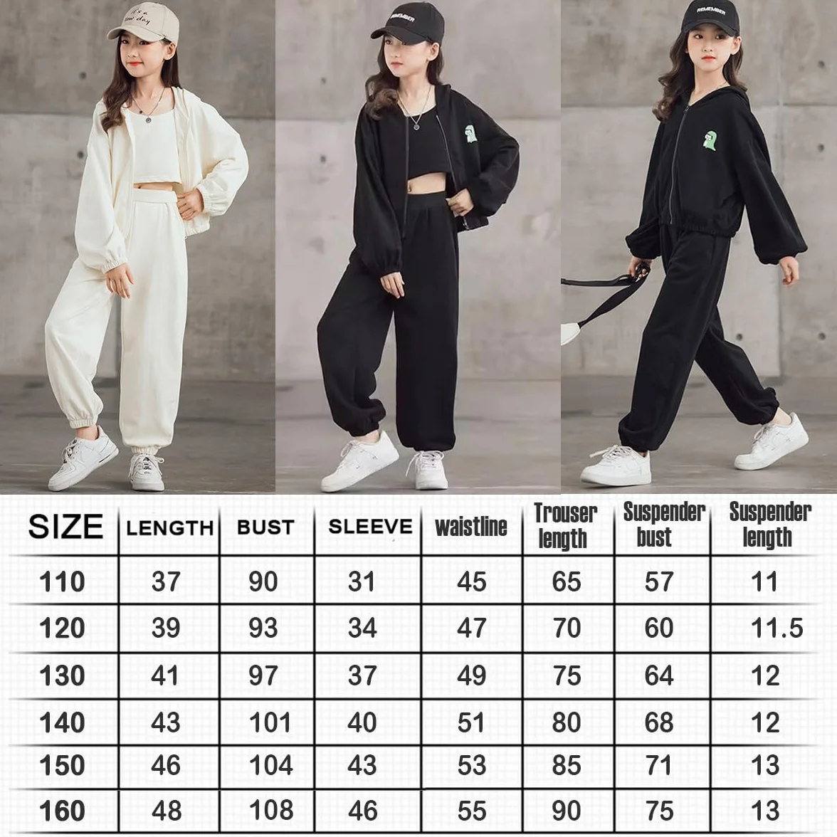 linboo Dres do joggingu, 3-częściowy strój sportowy (bluza + spodnie sportowe + crop top), strój hip-hopowy dla dzieci i dziewczynek