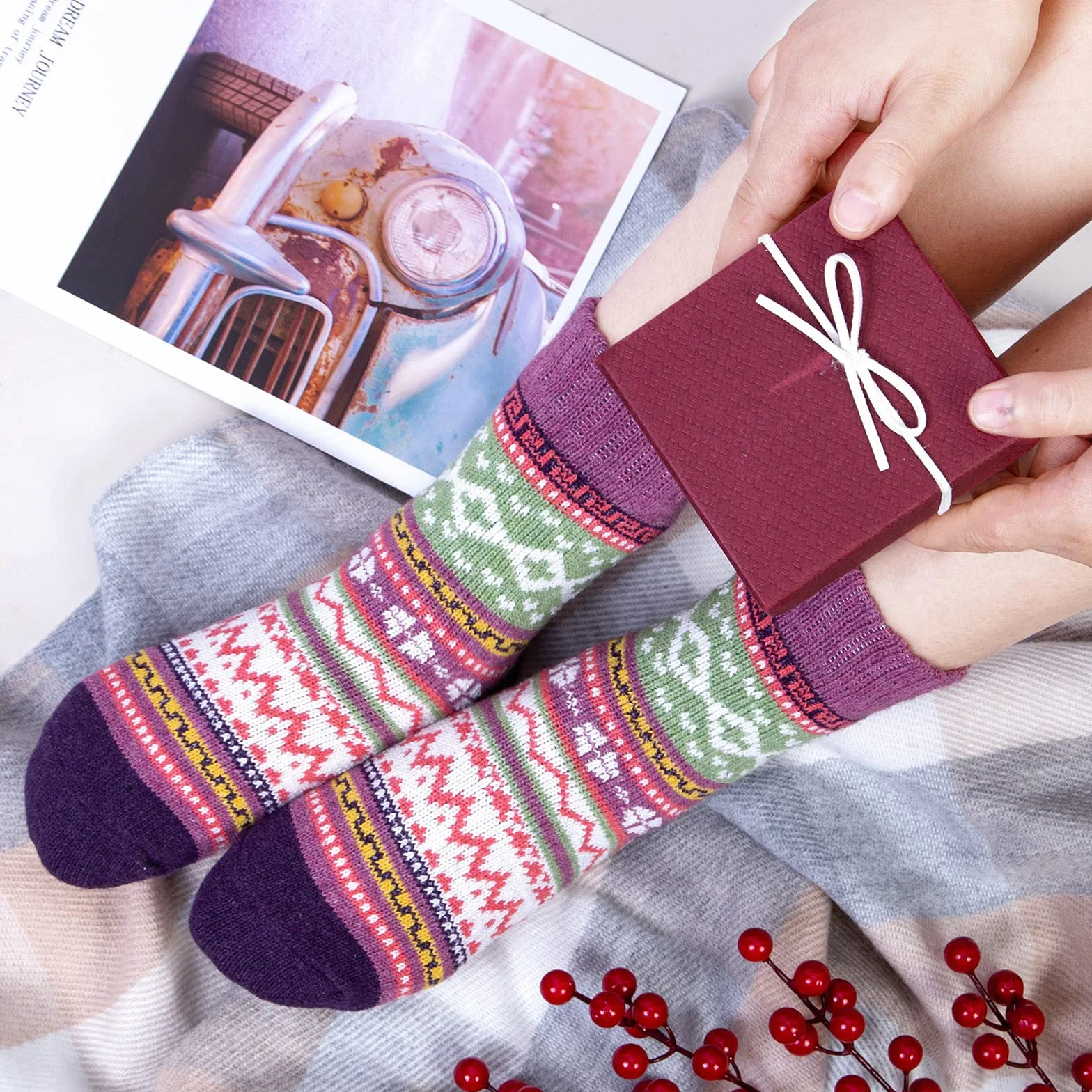 Chalier Cozy Zimowe skarpety damskie z wełny merynosów, termiczne, w stylu vintage, wełniane, grube, ciepłe, miękkie, oddychające bawełniane skarpety na wędrówki, trekking