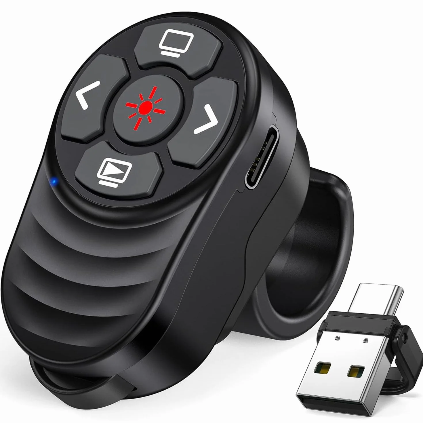 Pierścionek pilot do prezentacji z klickerem do ładowania, 2-w-1 USB Type C klicker Powerpoint pilot do prezentacji z głośnością, bezprzewodowy pilot prezentacyjny do komputera MAC, laptopa