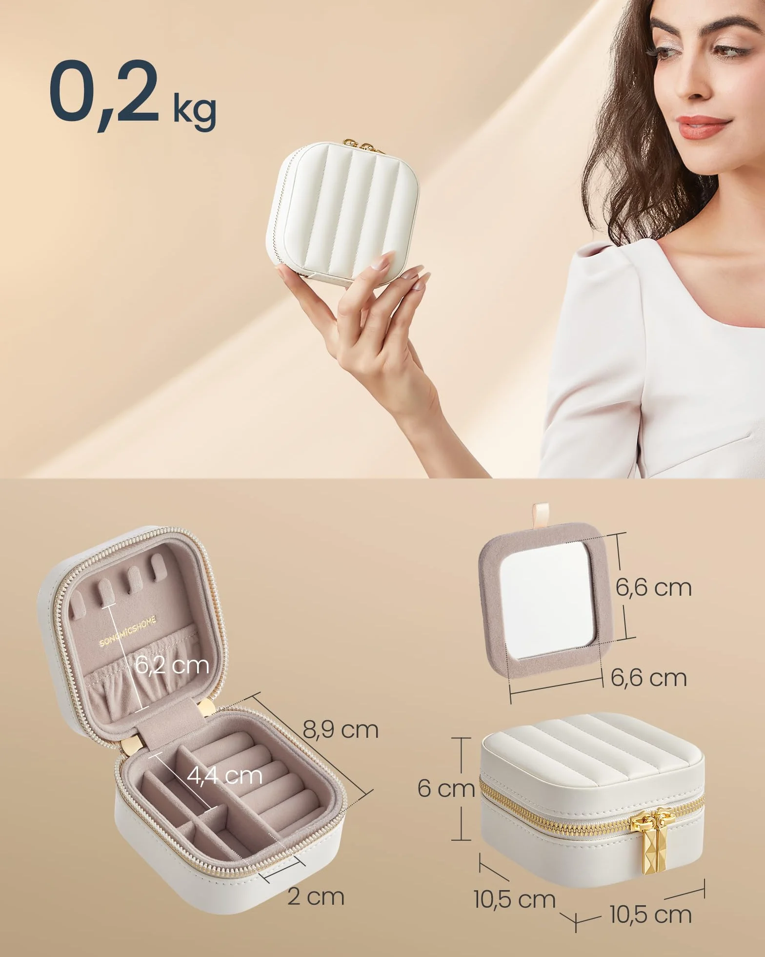 SONGMICS HOME Kolekcja ANAH - Podróżne pudełko na biżuterię, mały schowek na biżuterię z lusterkiem, 10,5 x 10,5 x 6 cm, PU ze szwami, zamek błyskawiczny, pomysł na prezent, chmurna biel JBC179W01