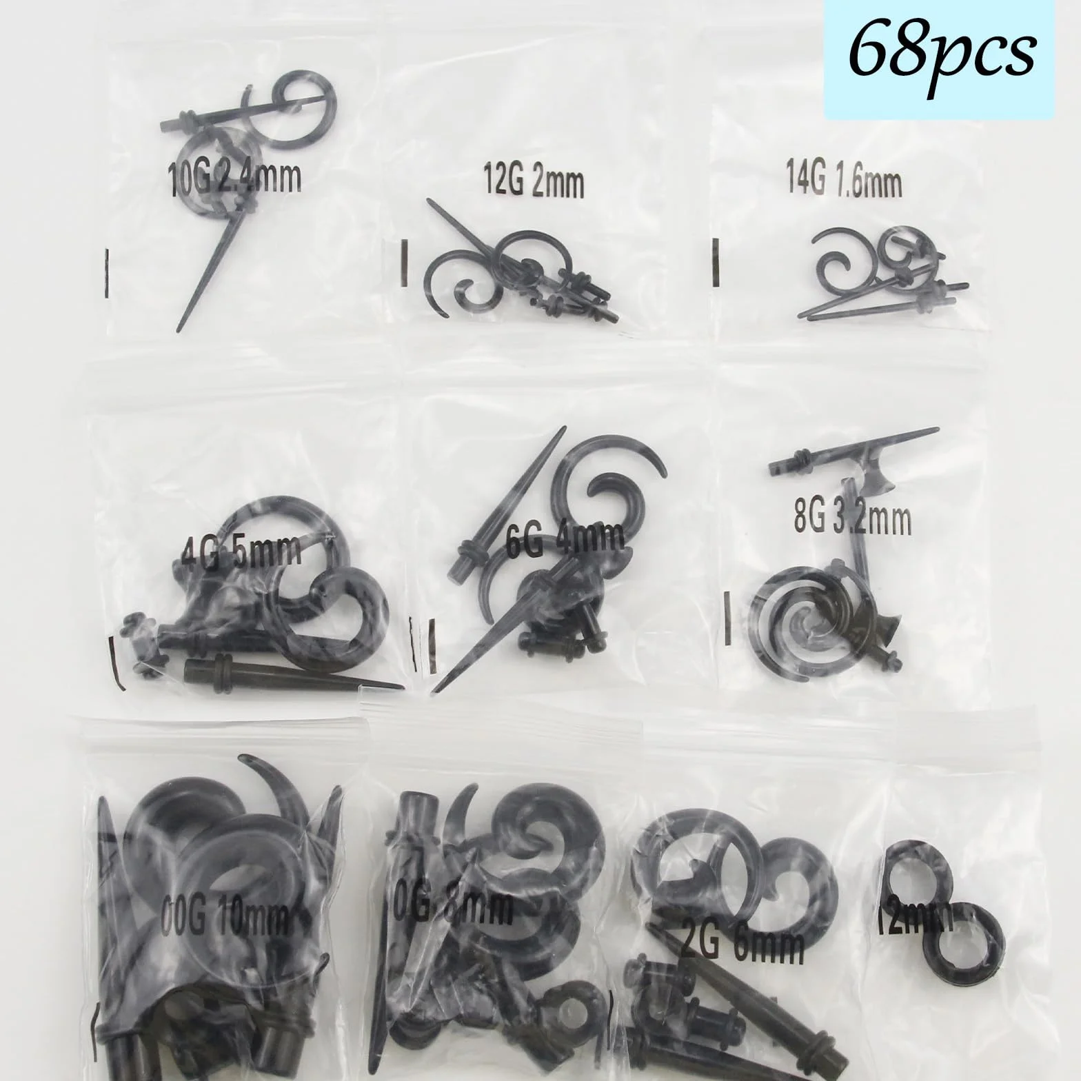 68 sztuk spiralnych kolczyków do piercingu, zestaw biżuterii 1,6-10 mm, rozpychacz do uszu, zestaw do piercingu ciała, dla mężczyzn i kobiet, Tworzywo sztuczne