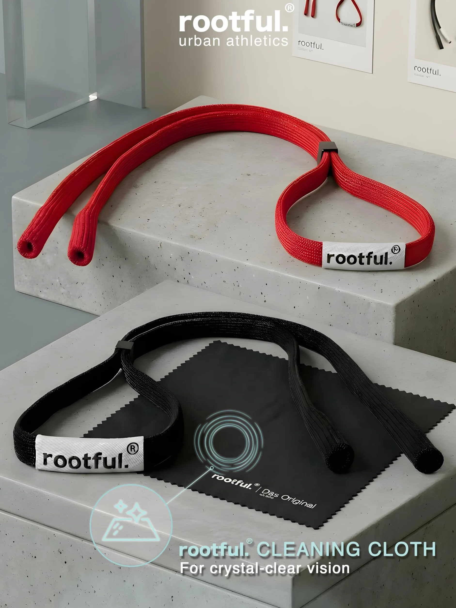rootful.® Pasek do okularów sportowych Pro [wydajny] pasek do okularów sportowych i przeciwsłonecznych | maksymalna ochrona | łącznie ze ściereczką do czyszczenia
