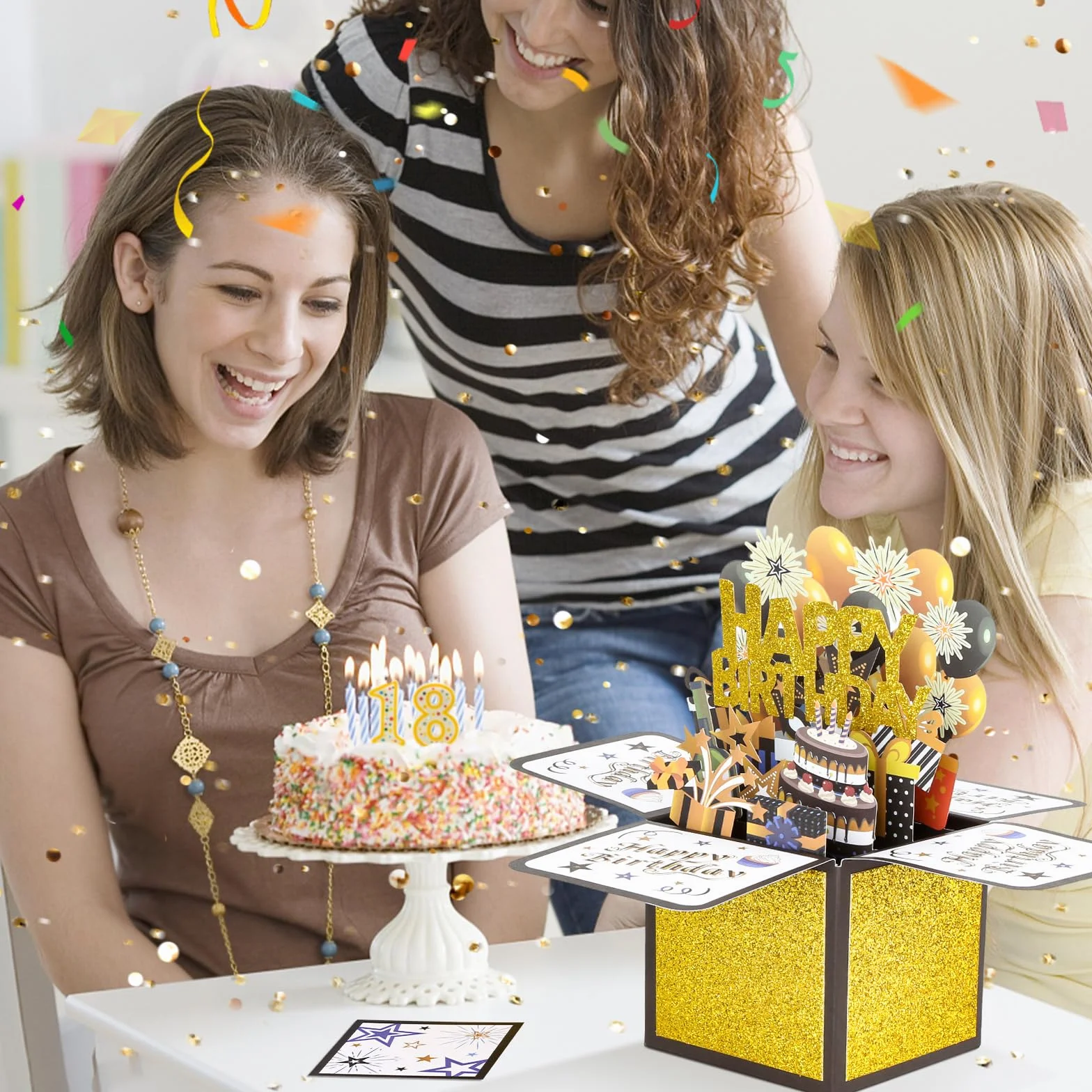 Kartka urodzinowa 3D Pop Up, czarno-złota kartka urodzinowa 3D, z kopertami i kartami, kartka urodzinowa 3D z balonami i fajerwerkami, na życzenia urodzinowe