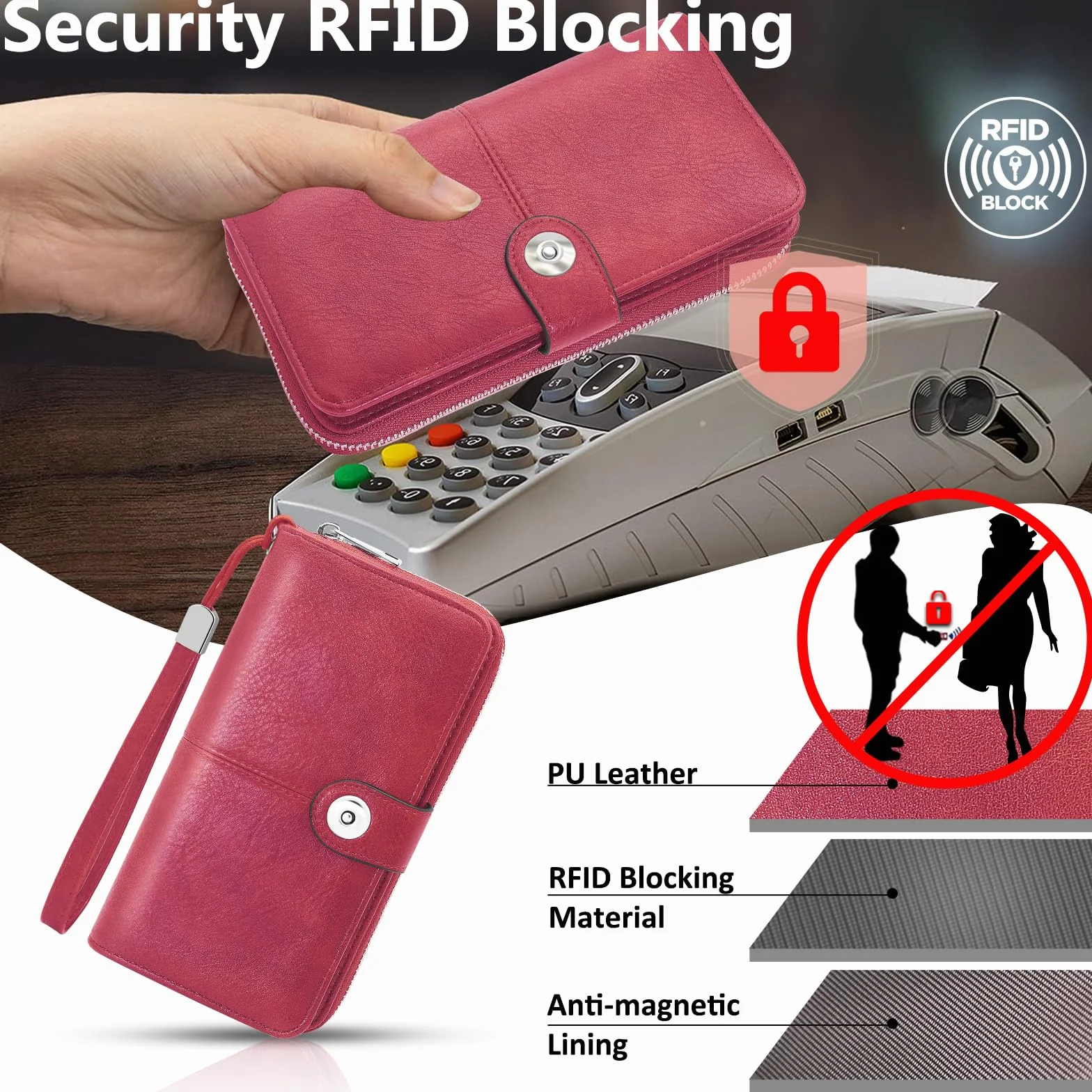 Portfel damski na monety damskie duża skóra PU długi portfel z blokadą RFID portfel damski na karty 10 miejsc i zamek błyskawiczny kieszeń na monety portfel, Czerwone wino, 19.3x10x3cm