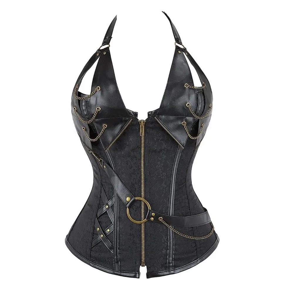 Niiyyjj Damski gorset z ćwiekami ze sztucznej skóry, gorset z łańcuszkami, steampunk, kamizelka modelująca talię, Czerwony, 6XL