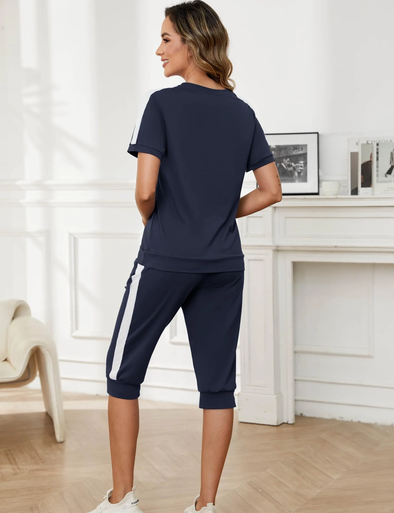 Aottori Dres do joggingu, damski zestaw, okrągły dekolt, krótkie rękawy, dwuczęściowy, elegancki strój domowy, strój rekreacyjny