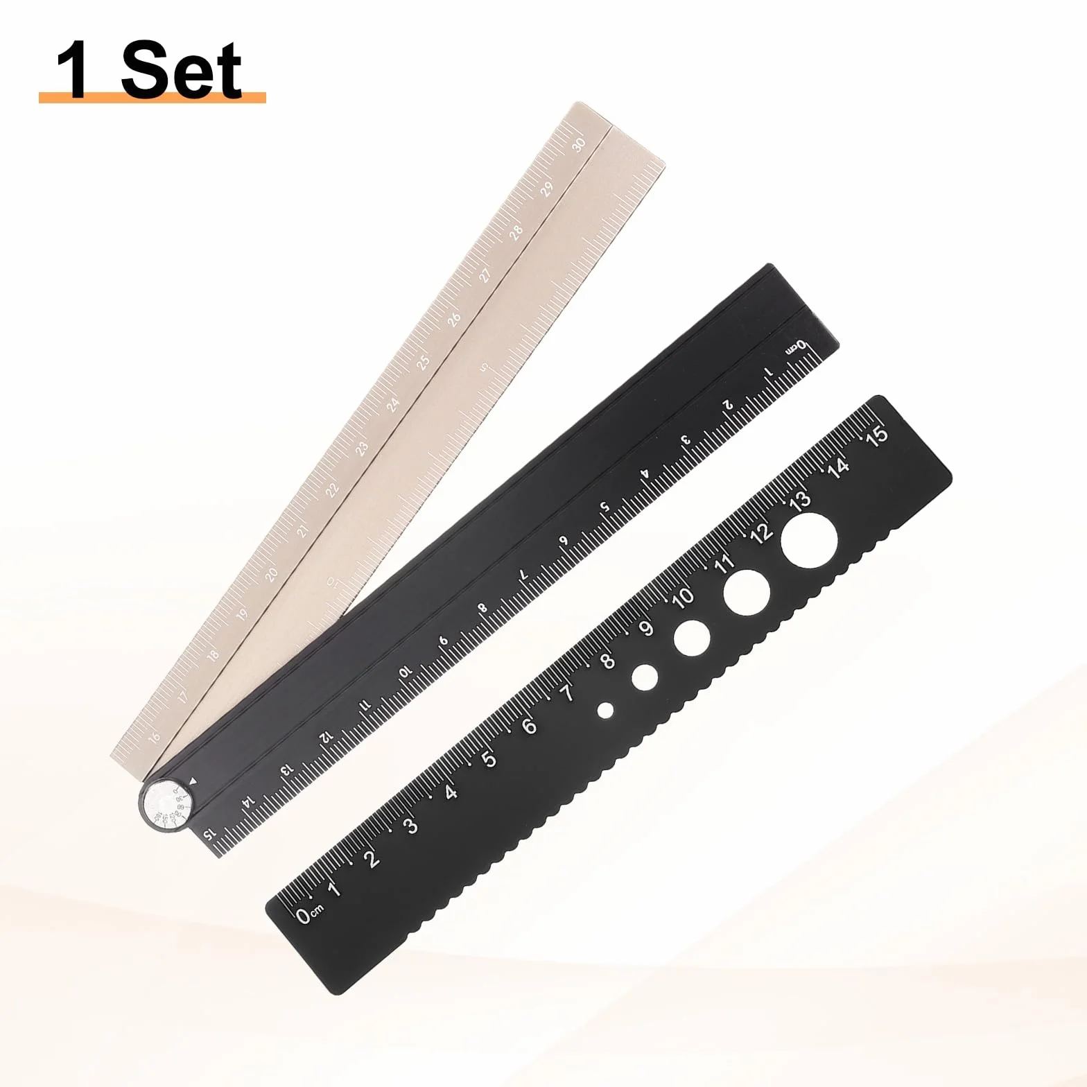 QUARKZMAN Zestaw linijki 30/15 cm, składana linijka, kątomierz, ze stopu aluminium, składana linijka z wydrążonym kółkiem, do domu, biura, czarno-złota