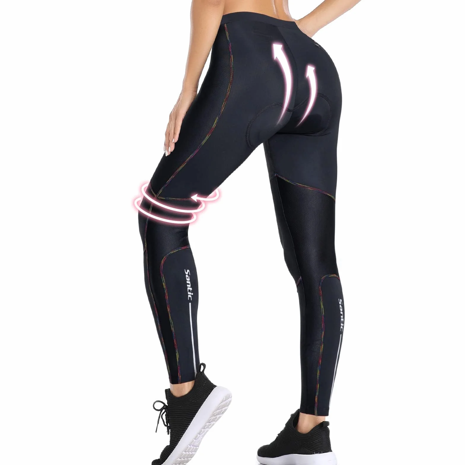 Santic Damskie spodnie rowerowe, długie, wyściełane, 7/8, legginsy rowerowe, legginsy, wyściełane, do jazdy na rowerze, MTB, elastyczne, szybkoschnące, oddychające, czarne, tęczowe